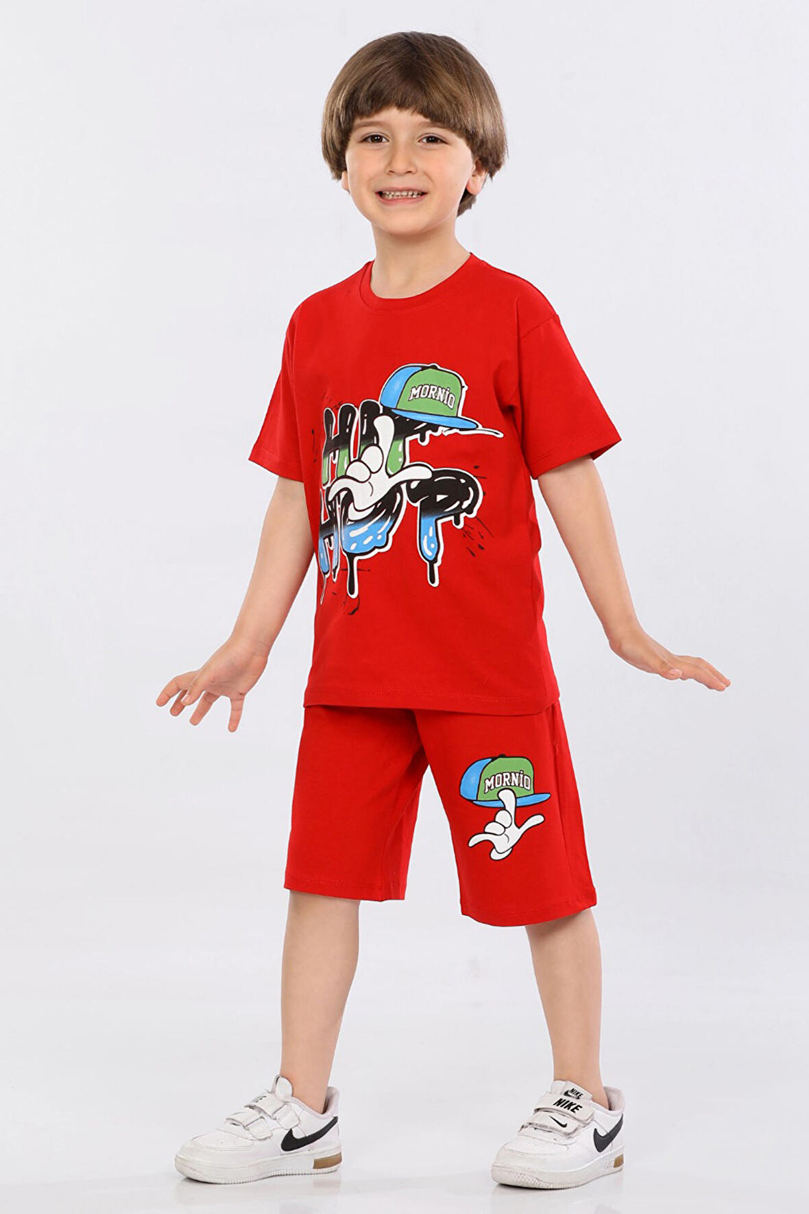 Mornio Erkek Çocuk %100 Pamuk Hip-Hop Baskılı T-shirt ve Şort 2 li Takım MRN3102728-1VF