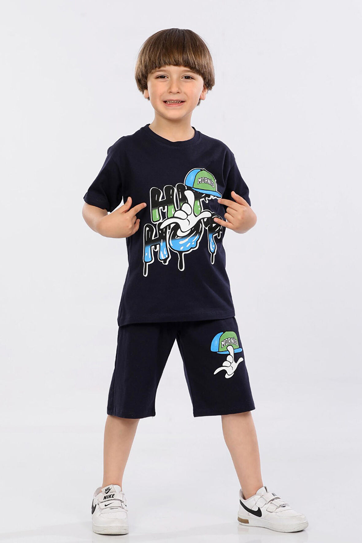 Mornio Erkek Çocuk %100 Pamuk Hip-Hop Baskılı T-shirt ve Şort 2 li Takım MRN3102728-1VF