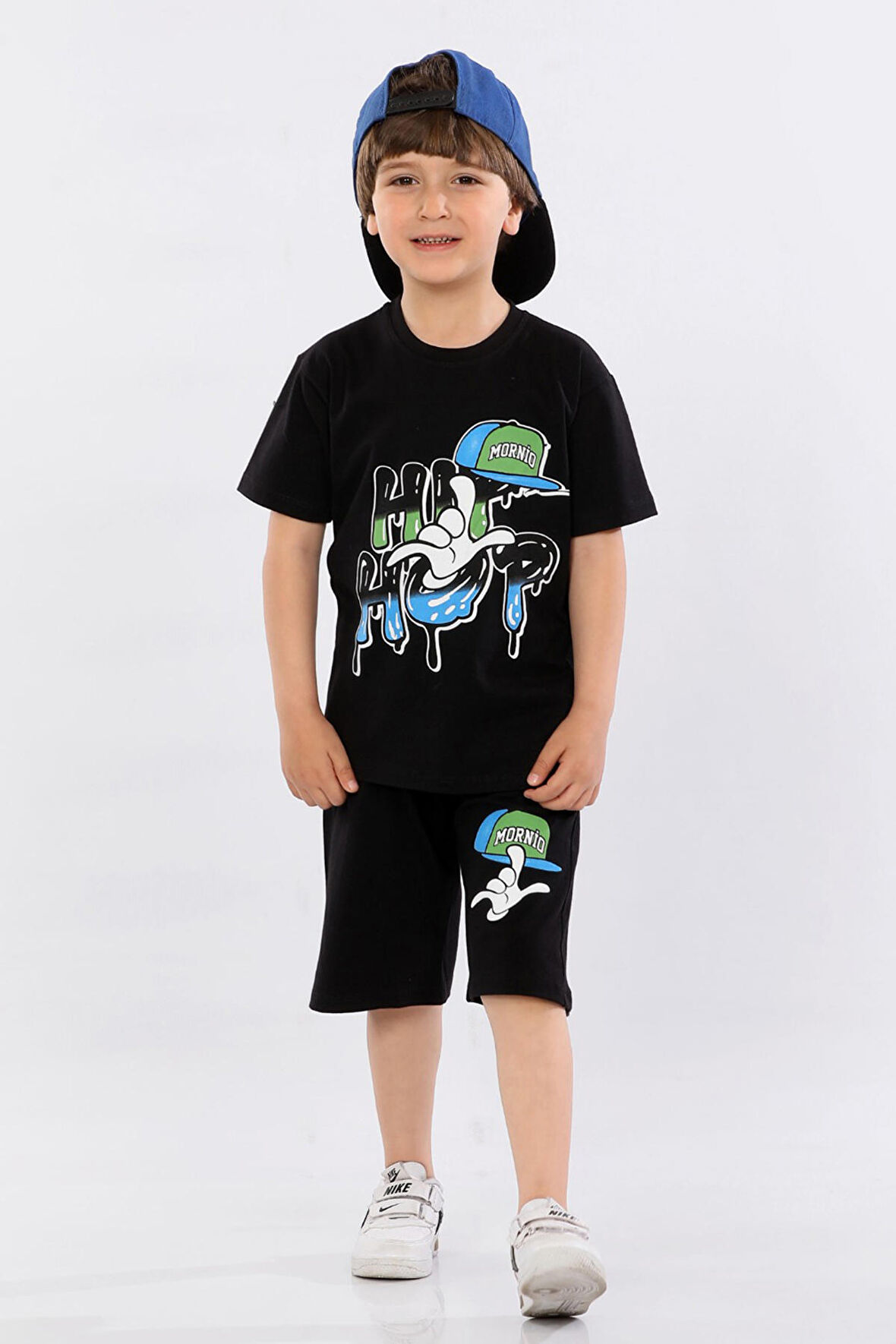 Mornio Erkek Çocuk %100 Pamuk Hip-Hop Baskılı T-shirt ve Şort 2 li Takım MRN3102728-1VF