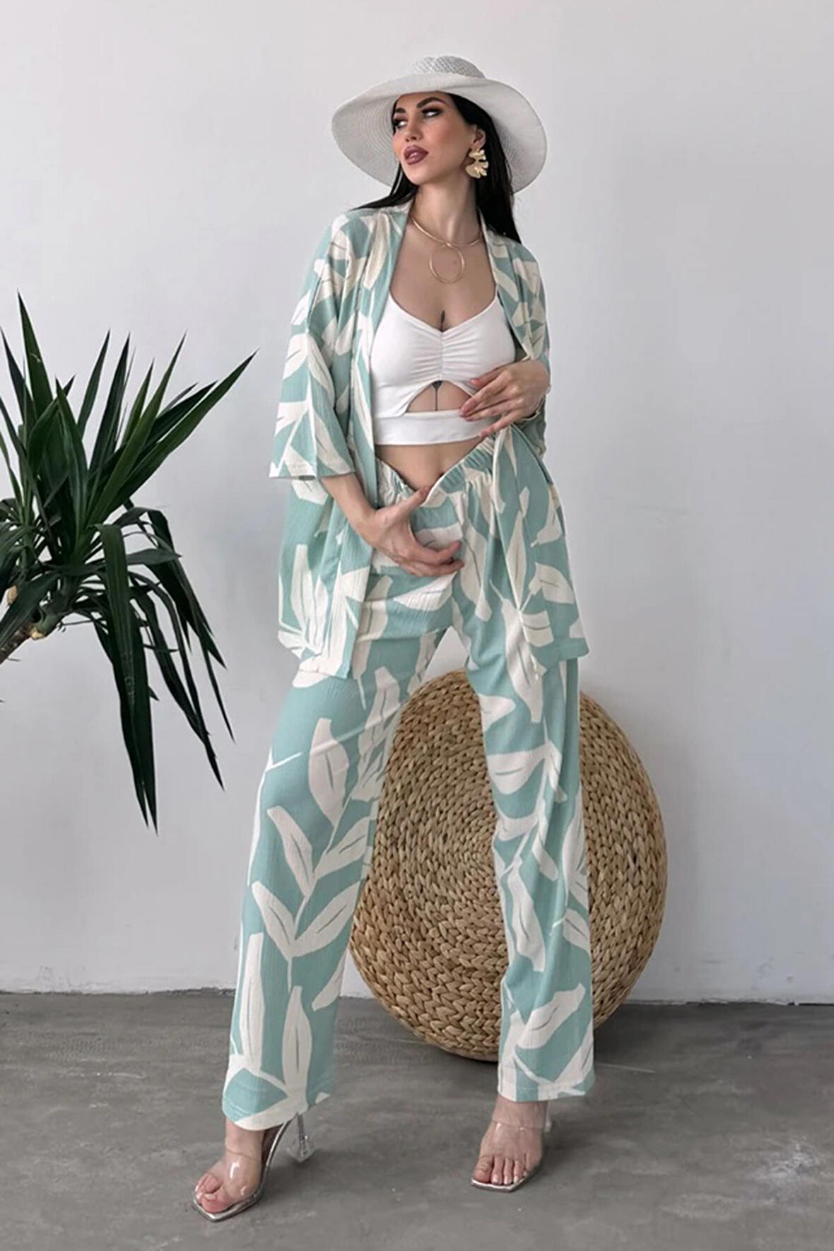 Desenli Kimono Ve Pantolon İkili Takım DFL4019