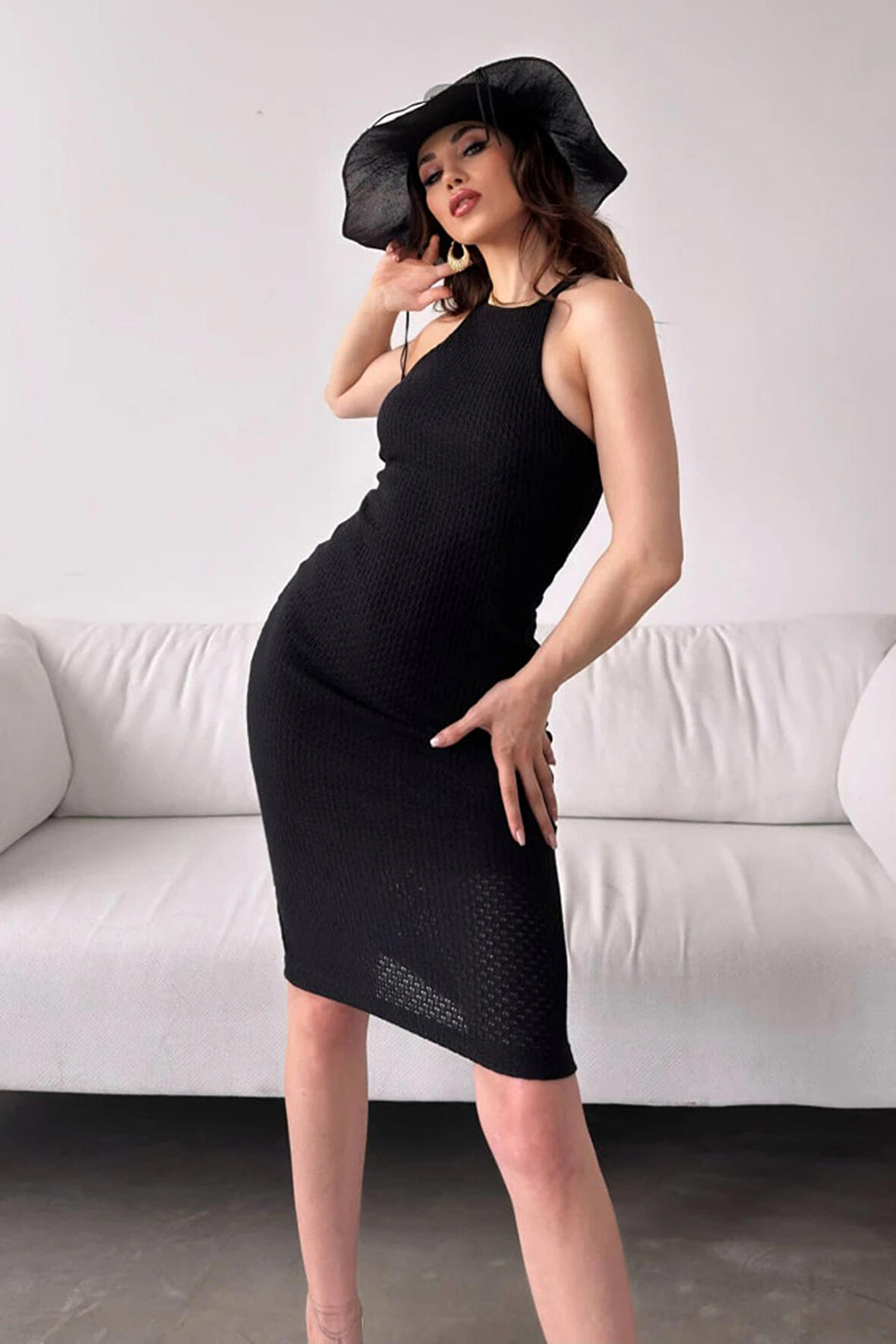 Halter Yaka Sırtı Çapraz Bant Detaylı Triko Elbise DFL4020