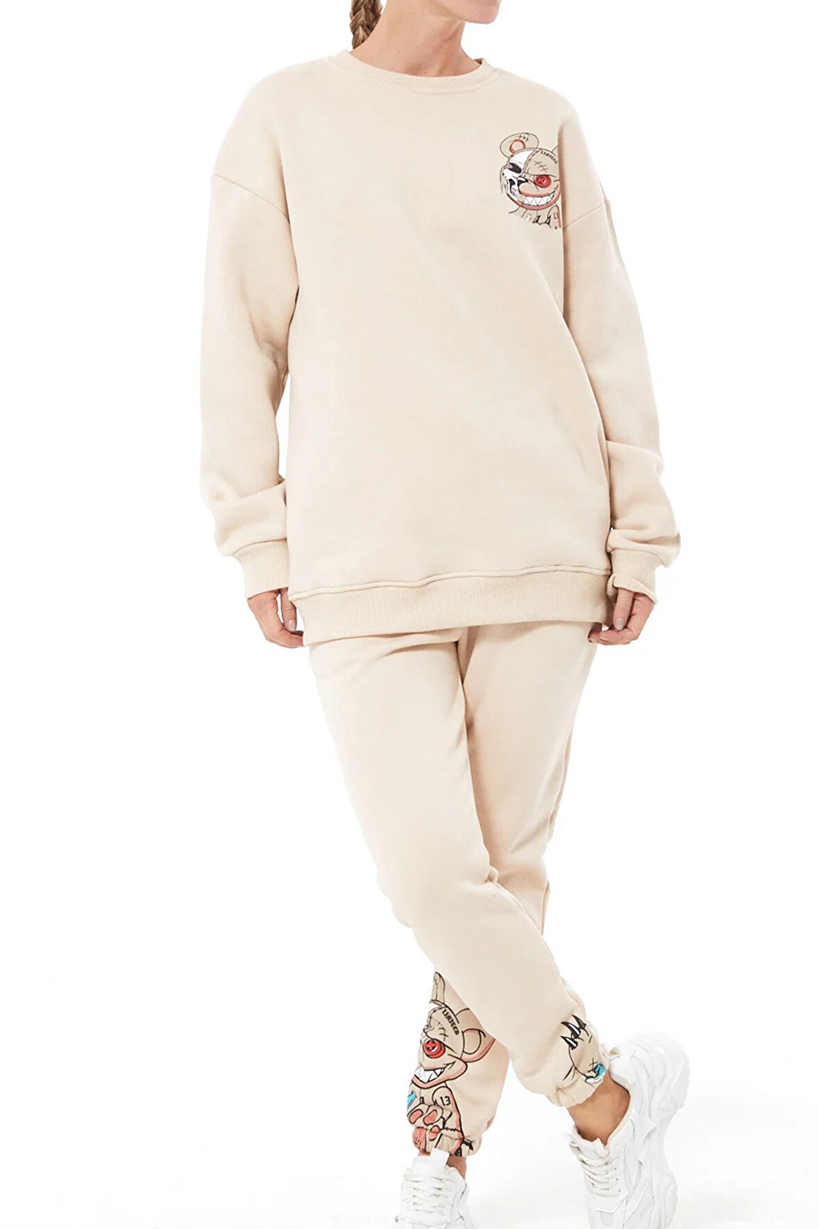 Go Veform Baskılı Oversize Üç İplik Kadın Eşofman Takımı Bej ZN5004