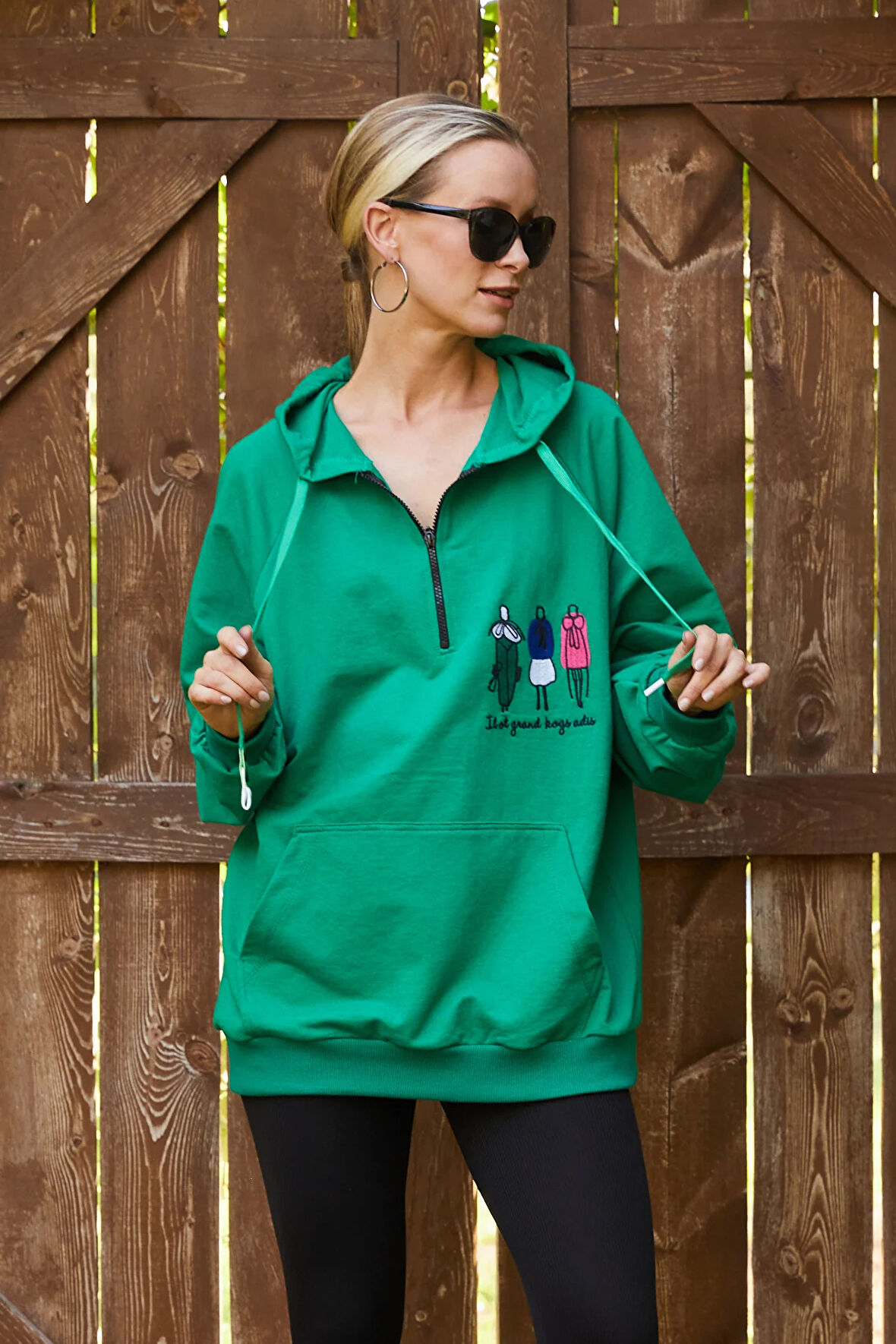 Go Veform Fermuar Detay Baskılı Oversize Kadın Sweatshirt Yeşil ZN5022