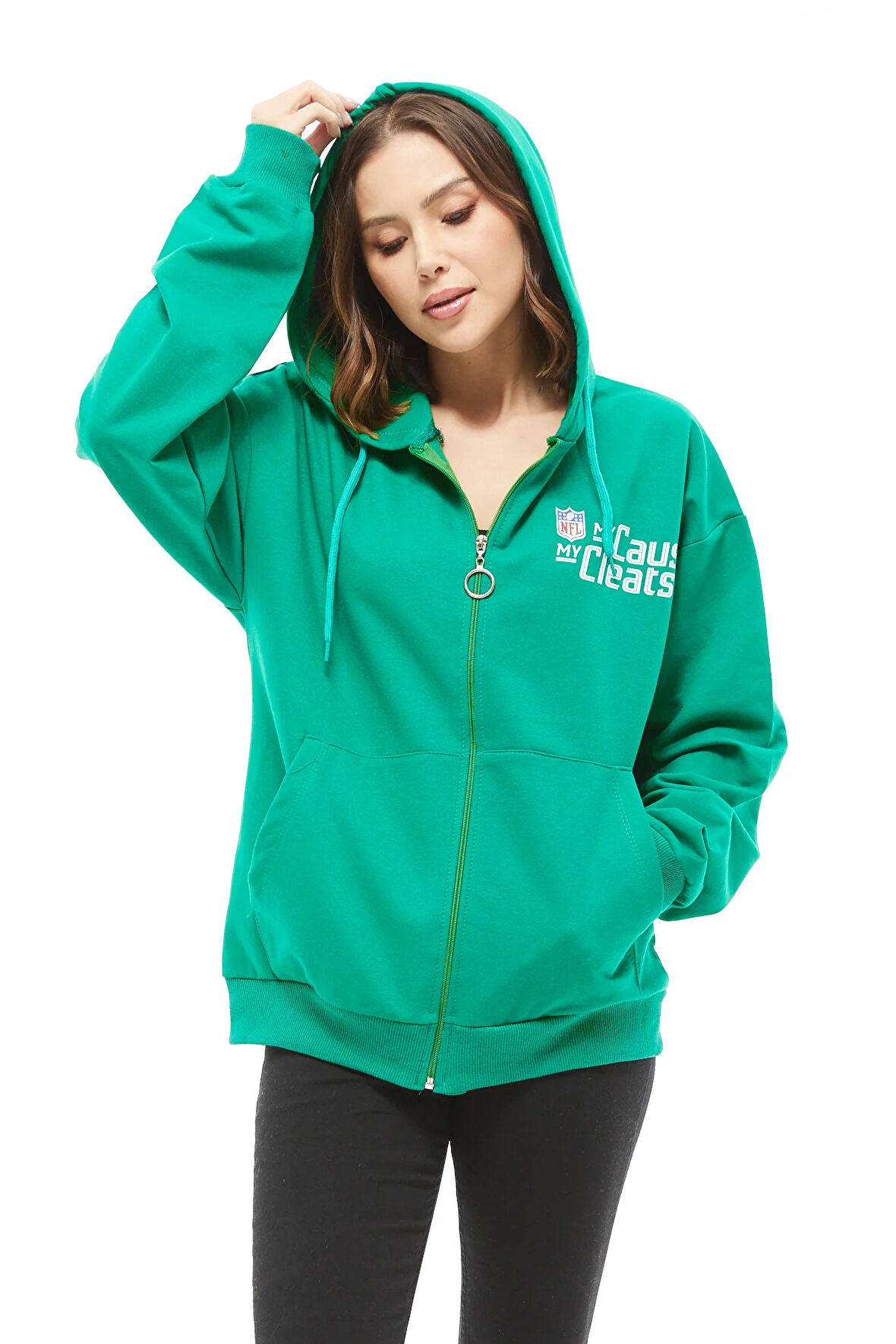 Go Veform Kanguru Cep Fermuarlı Kadın Sweatshirt Yeşil ZN5025