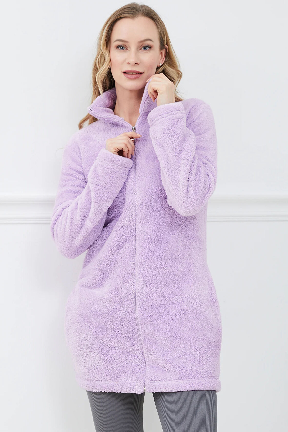 Go Veform Peluş Fermuarlı Kadın Uzun Sweatshirt Lila ZN5038