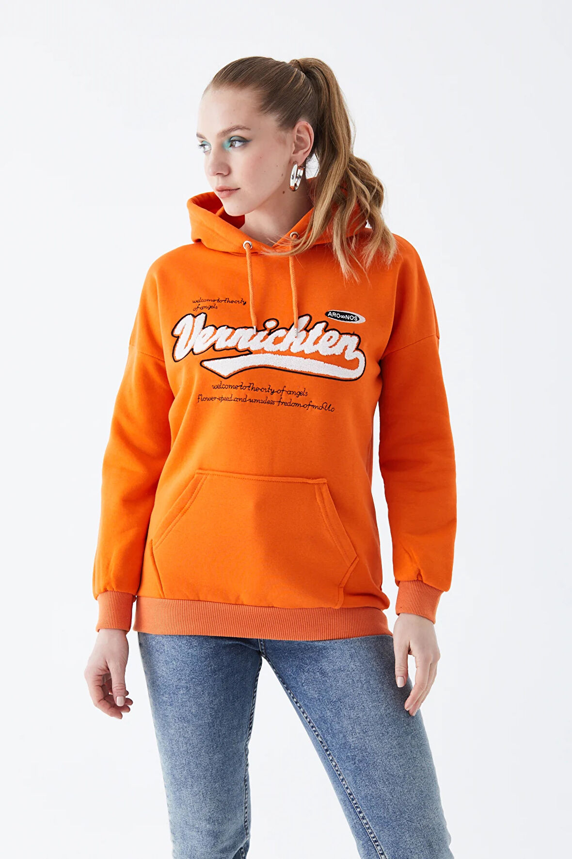Go Veform Kadın Kanguru Cep Baskılı Üç İp İçi Şardonlu Sweatshirt Turuncu ZN5086