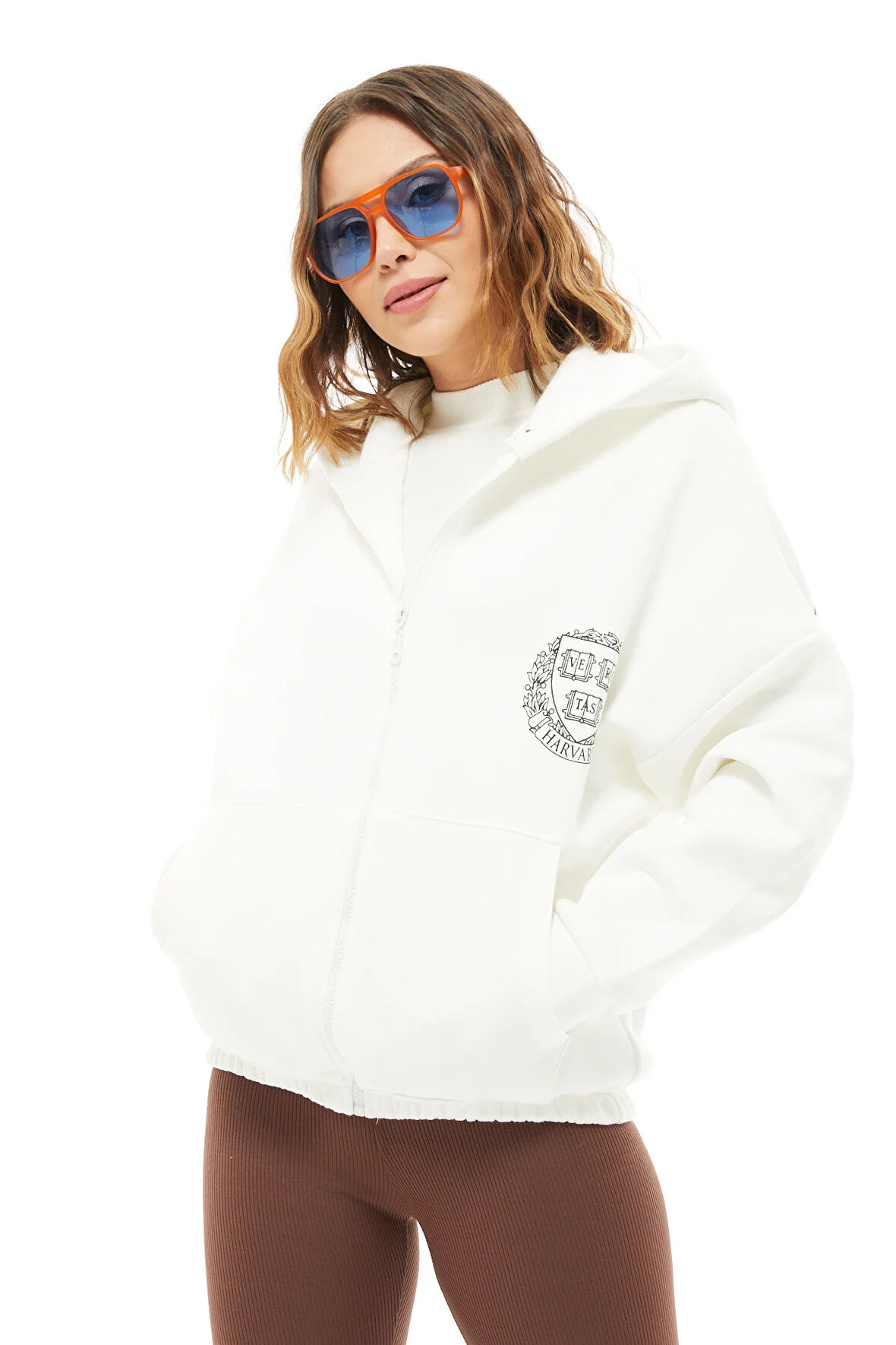 Go Veform Kadın Yarasa Kol Fermuarlı Cepli Kapüşonlu Sweatshirt Ekru ZN5119