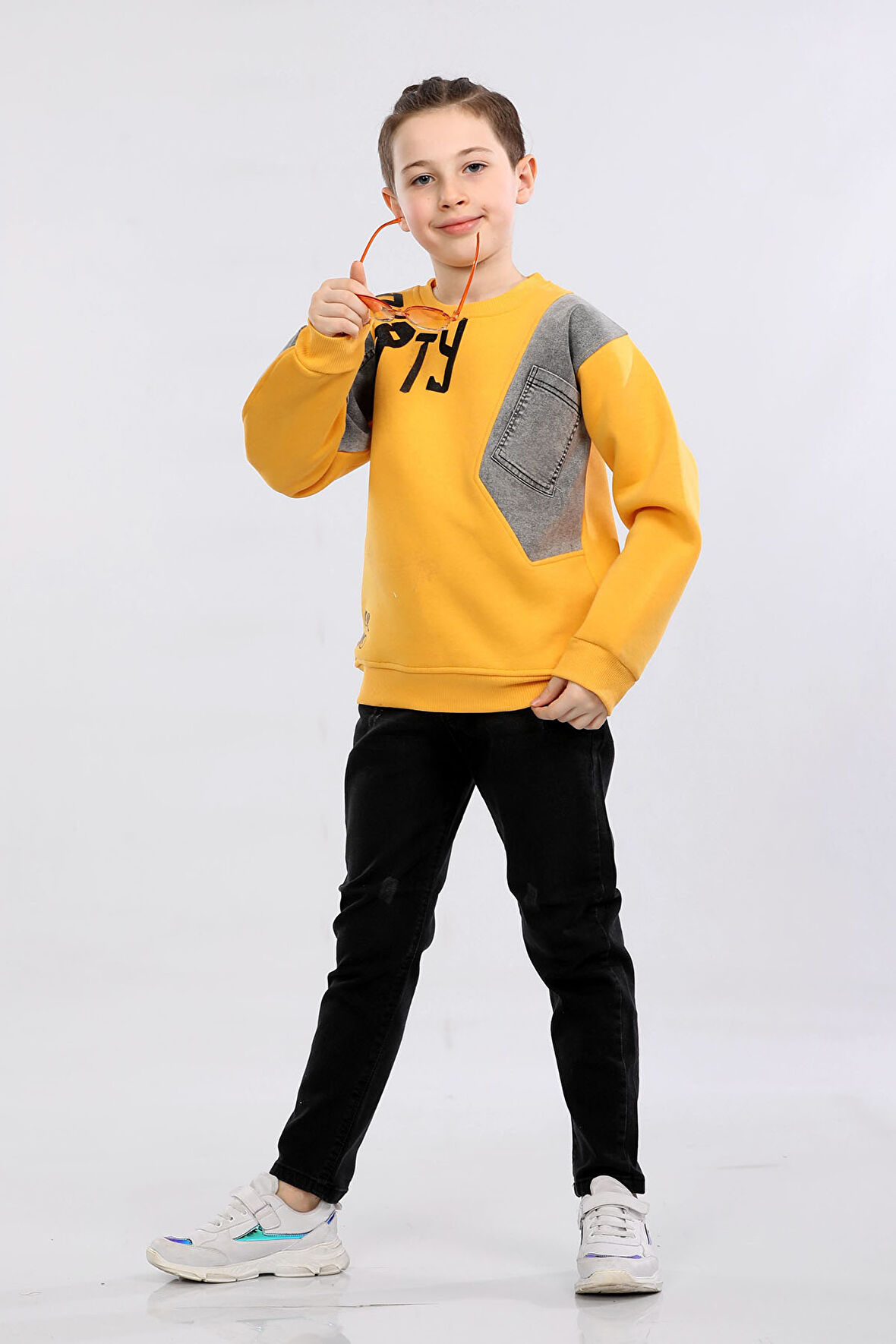 Erkek Çocuk Üç İp Kot Detaylı Sweatshirt Hardal MRN7001