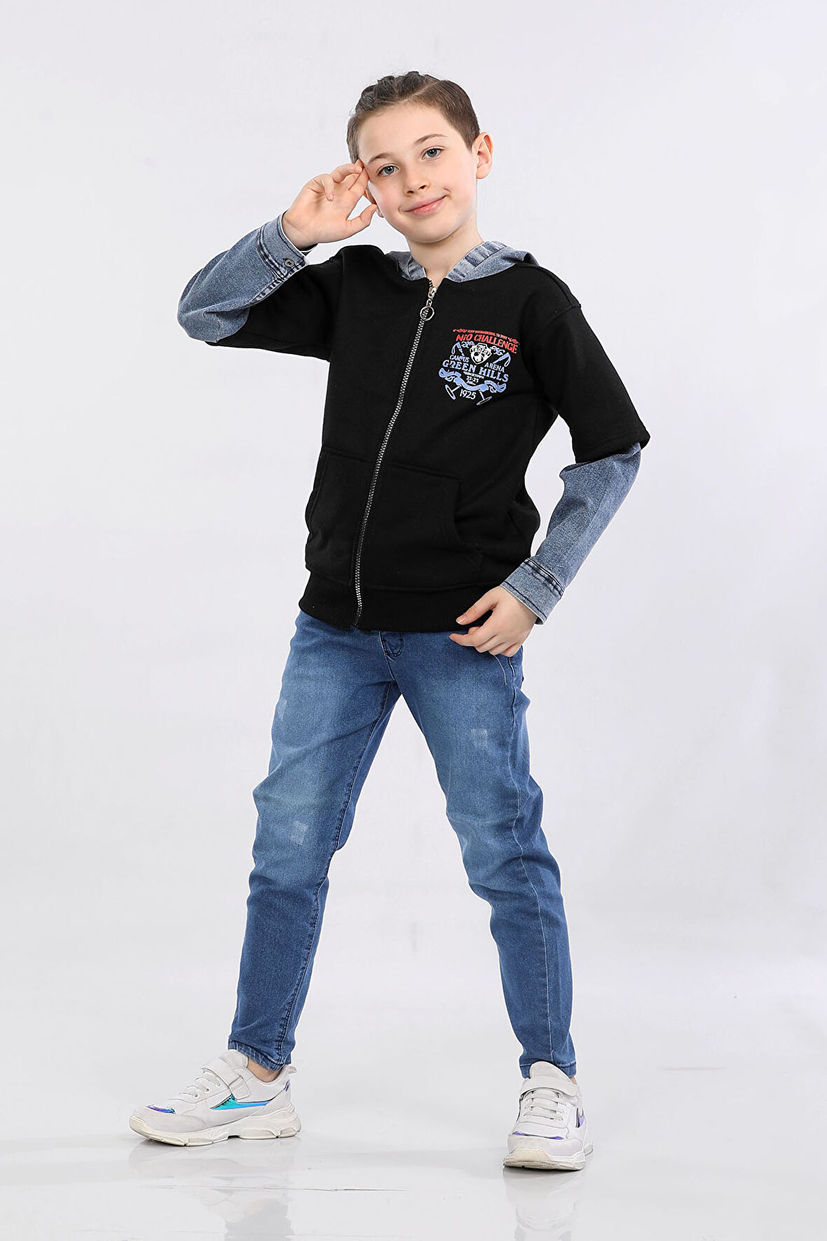 Erkek Çocuk İki İp Kot Detaylı Fermuarlı Kapüşonlu Sweatshirt Siyah MRN7003