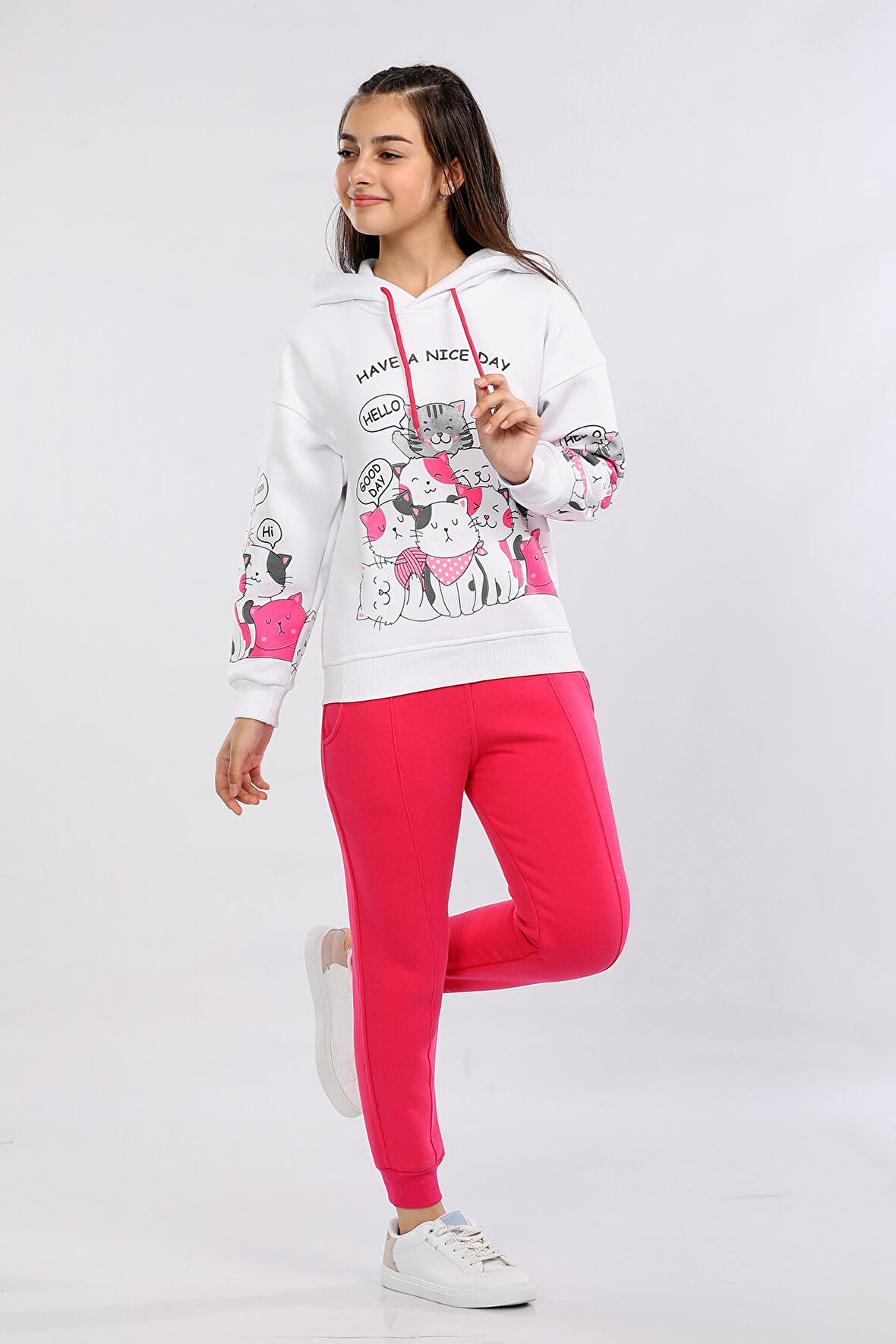 Kız Çocuk Kedi Baskılı Kapüşonlu Kışlık Eşofman Takımı Pembe MRN71103