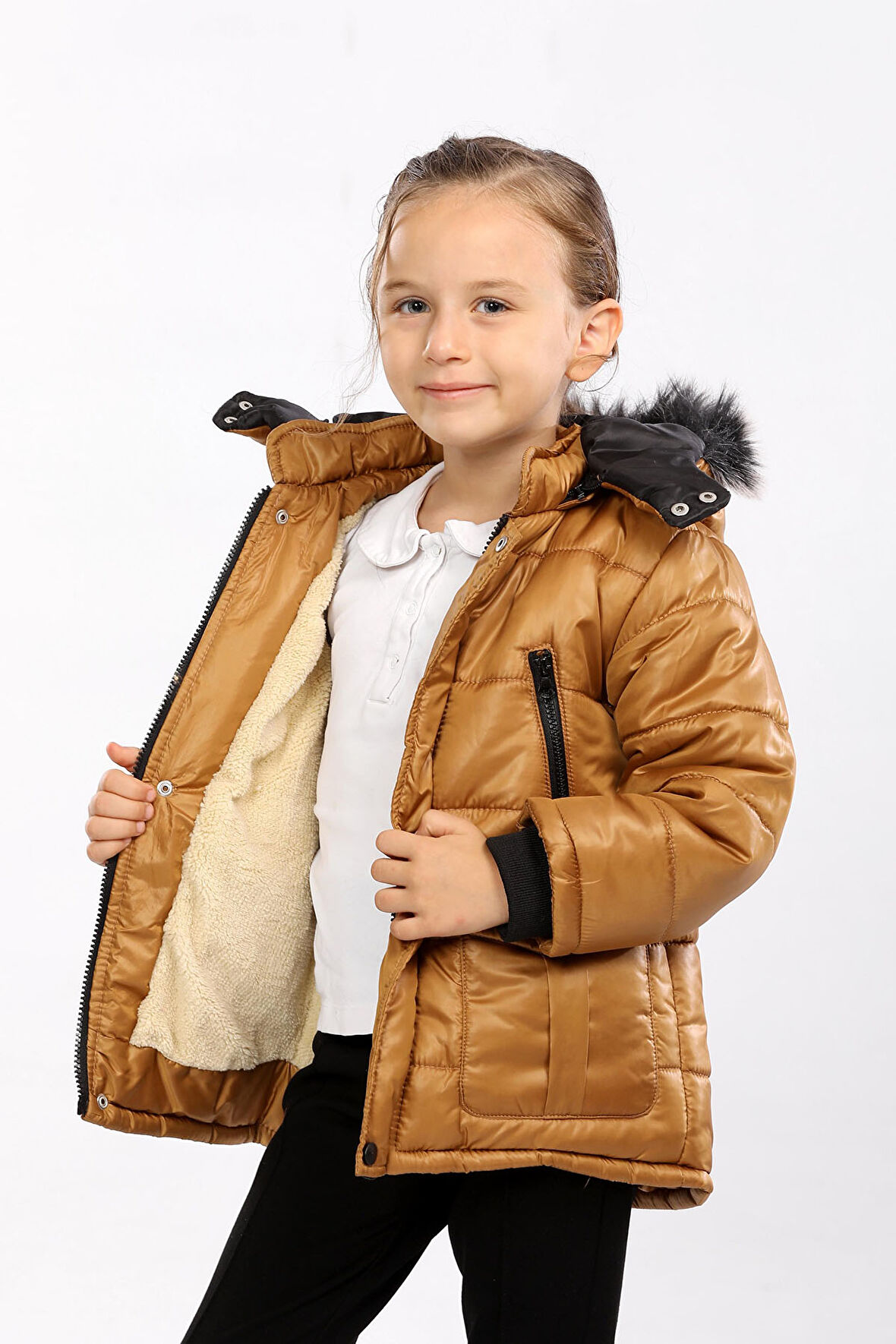 İçi Kürklü Yağmur-Rüzgar Geçirmez Kapüşonlu Çocuk Mont  Camel AVM152