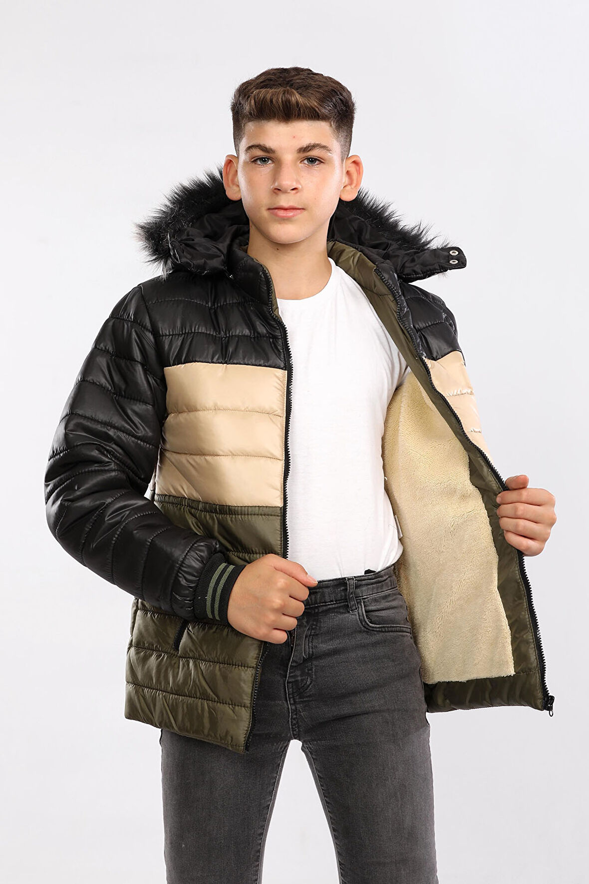 İçi Kürklü Yağmur-Rüzgar Geçirmez Kapüşonlu Çocuk Mont  Haki AVM147