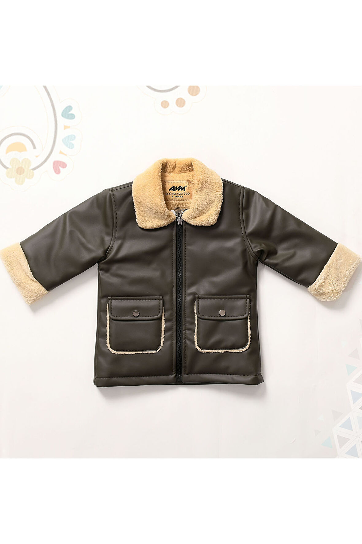 Kız Bebek ve Çocuk İçi ve Yakası Kürklü Deri Mont HakiAVM2103