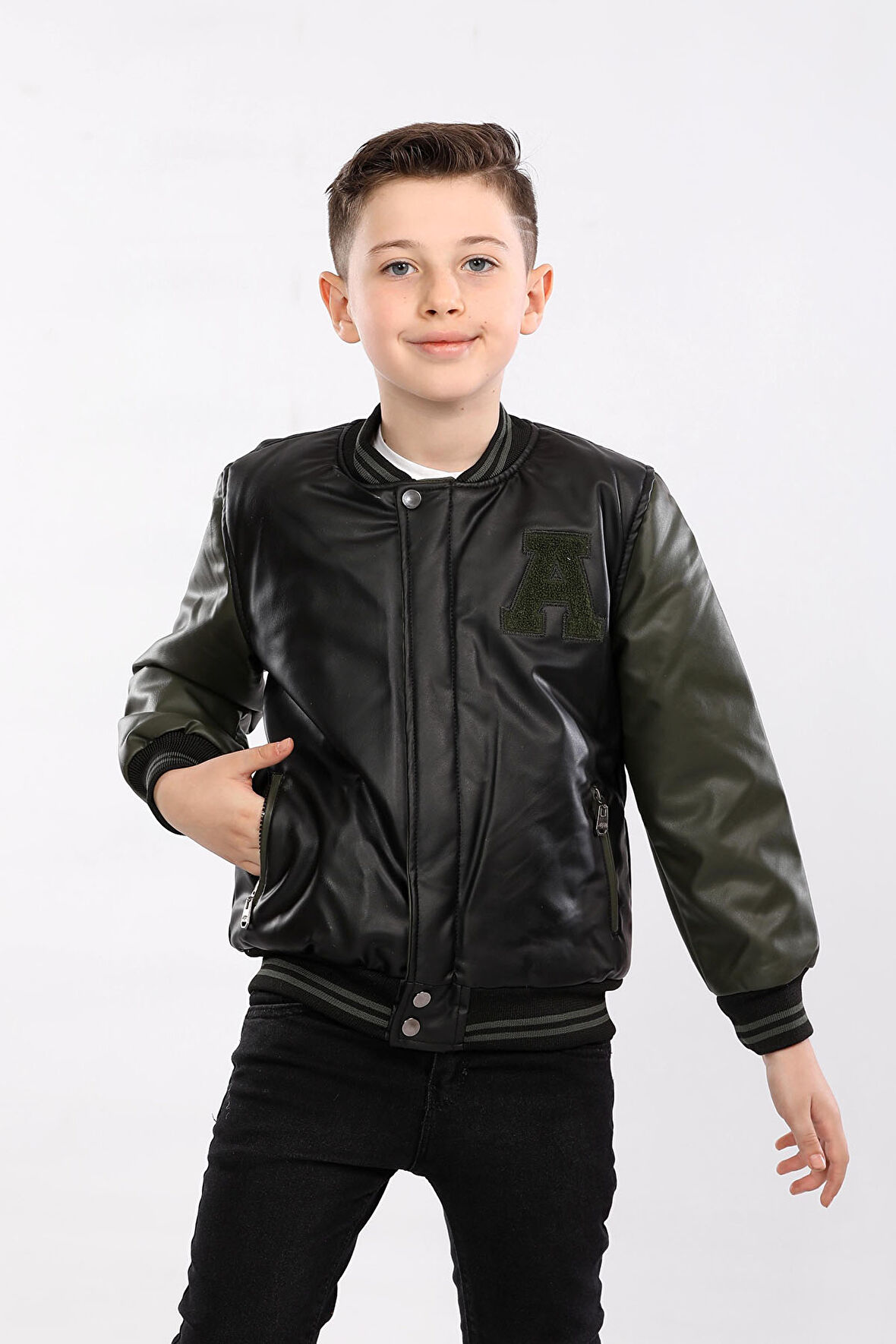 Erkek Bebek ve Çocuk A Takımı Suni Deri Mont Haki AVM2112