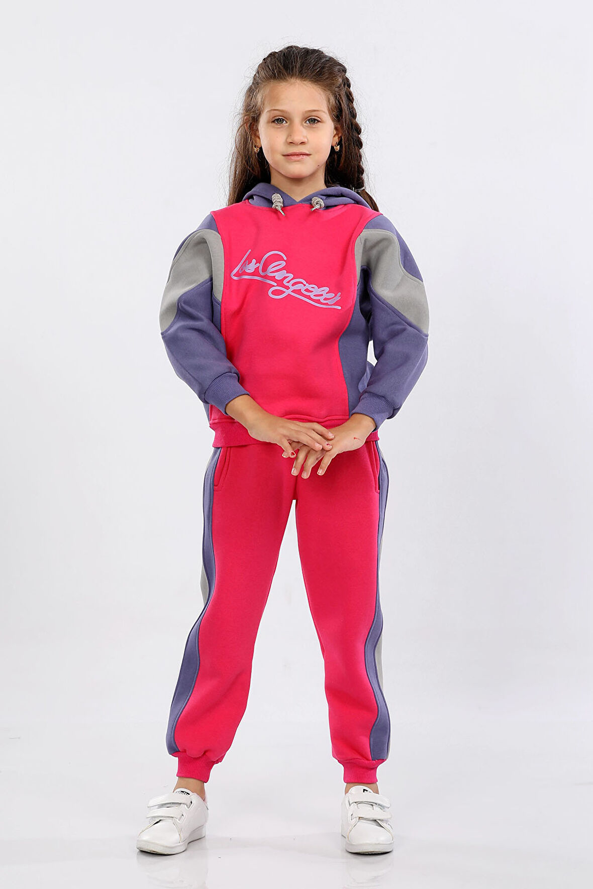 Kışlık Kalın Kız Çocuk Kapüşonlu Reglan Kol Detaylı Eşofman Takımı Fuşya MRN71100