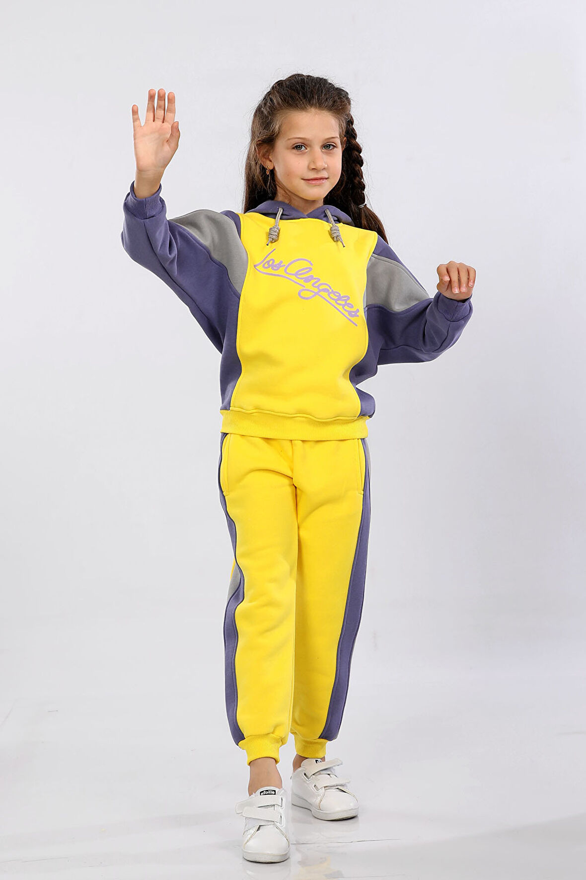 Kışlık Kalın Kız Çocuk Kapüşonlu Reglan Kol Detaylı Eşofman Takımı Sarı MRN71101