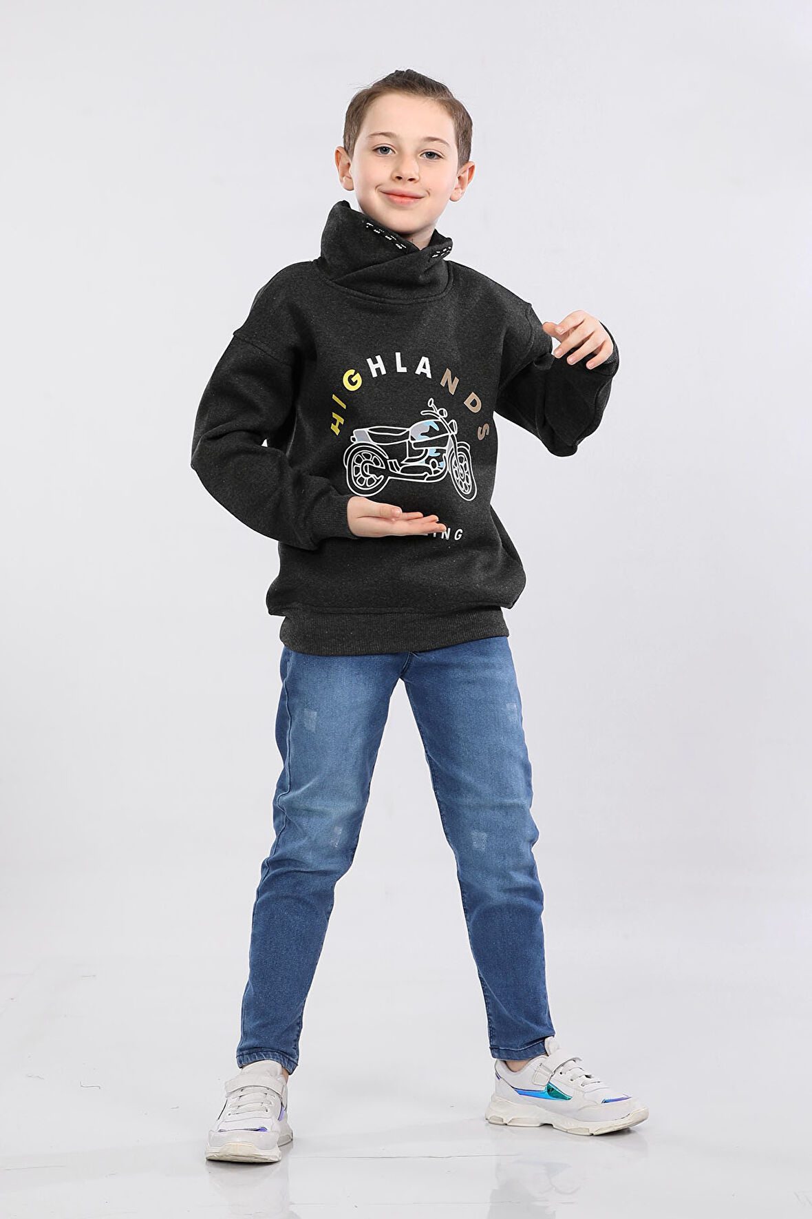 Degaje Yaka 3 İp Kışlık Erkek Çocuk Kalın Sweatshirt Füme MRN7021