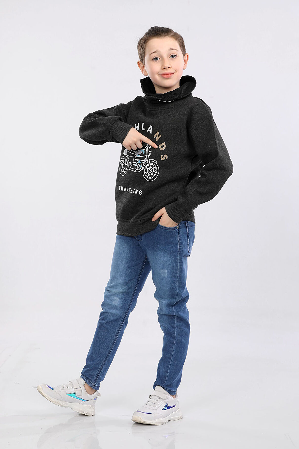 Degaje Yaka 3 İp Kışlık Erkek Çocuk Kalın Sweatshirt Füme MRN7022