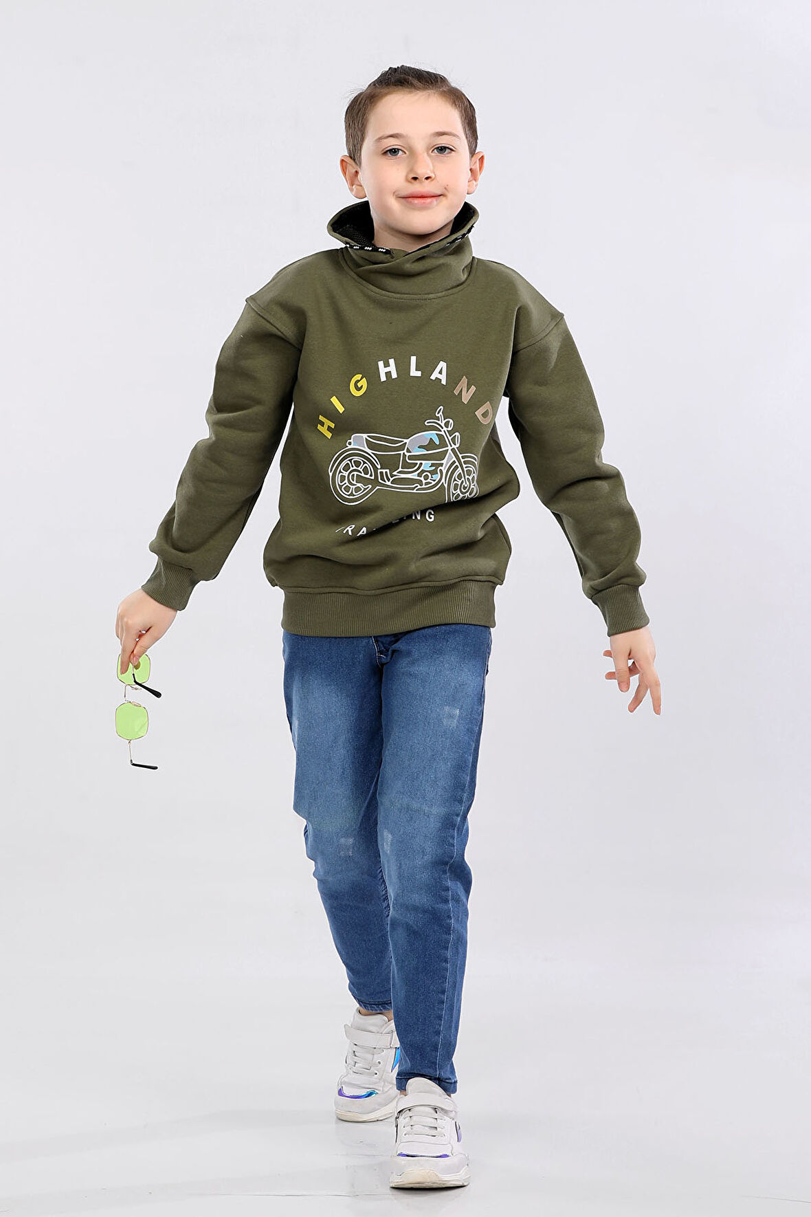 Degaje Yaka 3 İp Kışlık Erkek Çocuk Kalın Sweatshirt Haki MRN7021