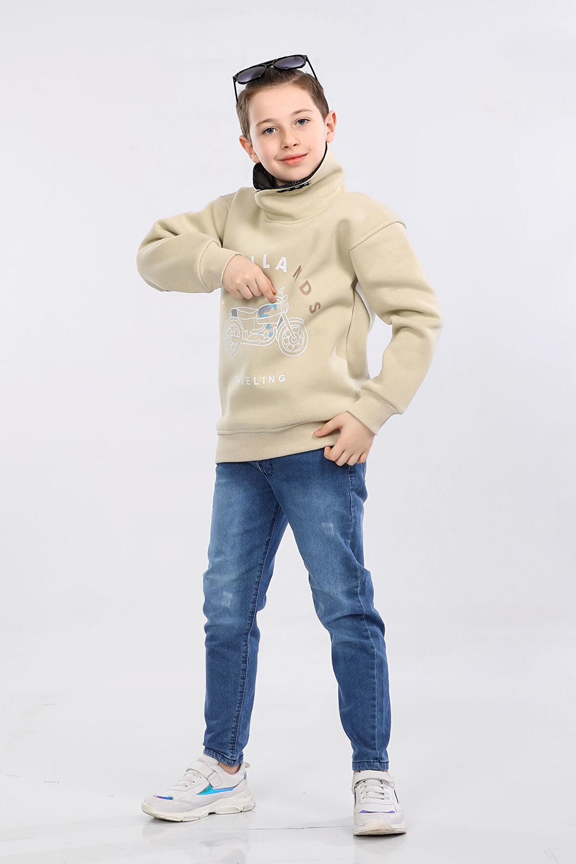 Degaje Yaka 3 İp Kışlık Erkek Çocuk Kalın Sweatshirt Bej MRN7021