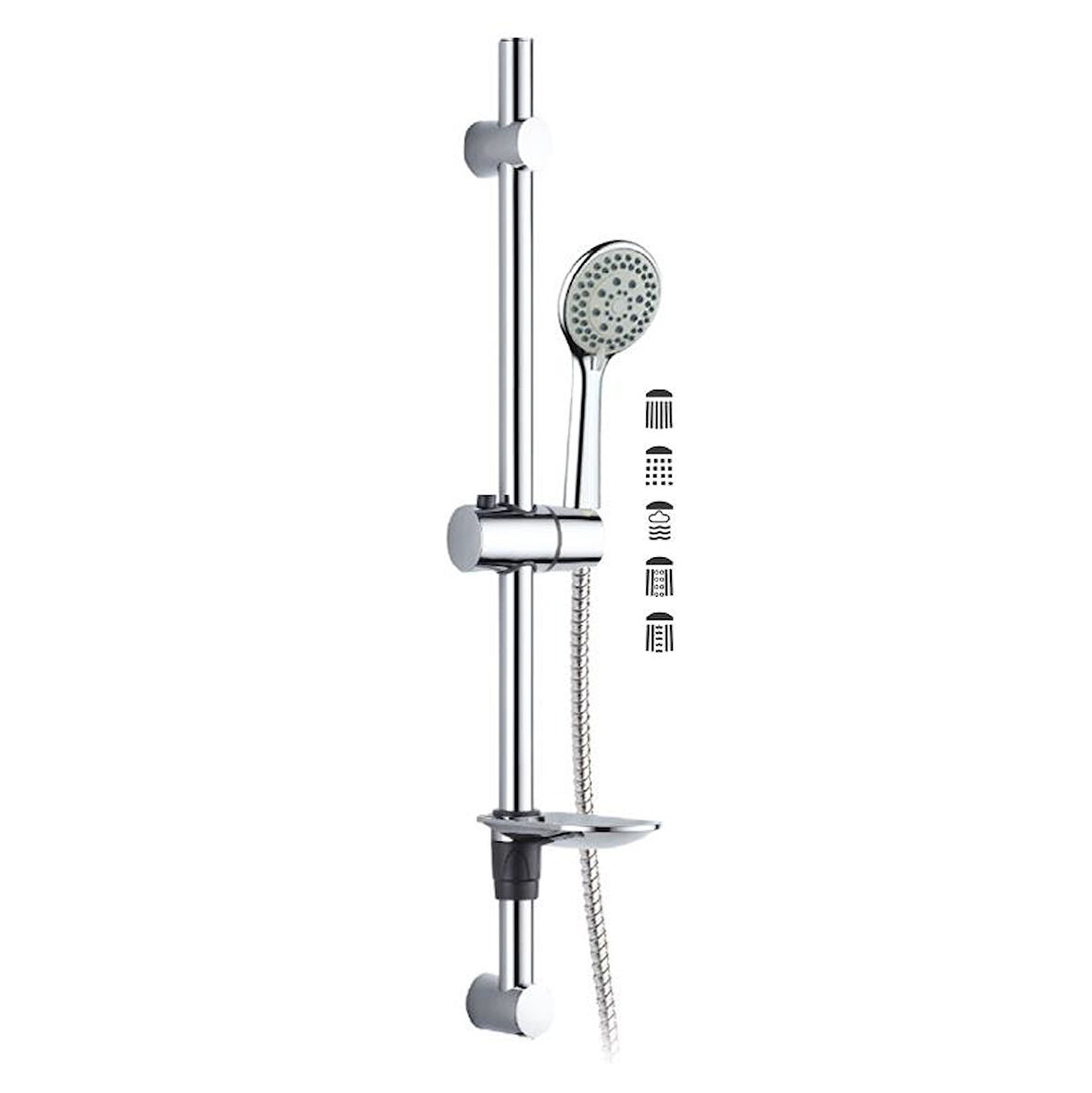 Şampuanlıklı Sürgülü Duş Seti + Ø22Mm Krom Kaplı + 5 Fonksiyonlu