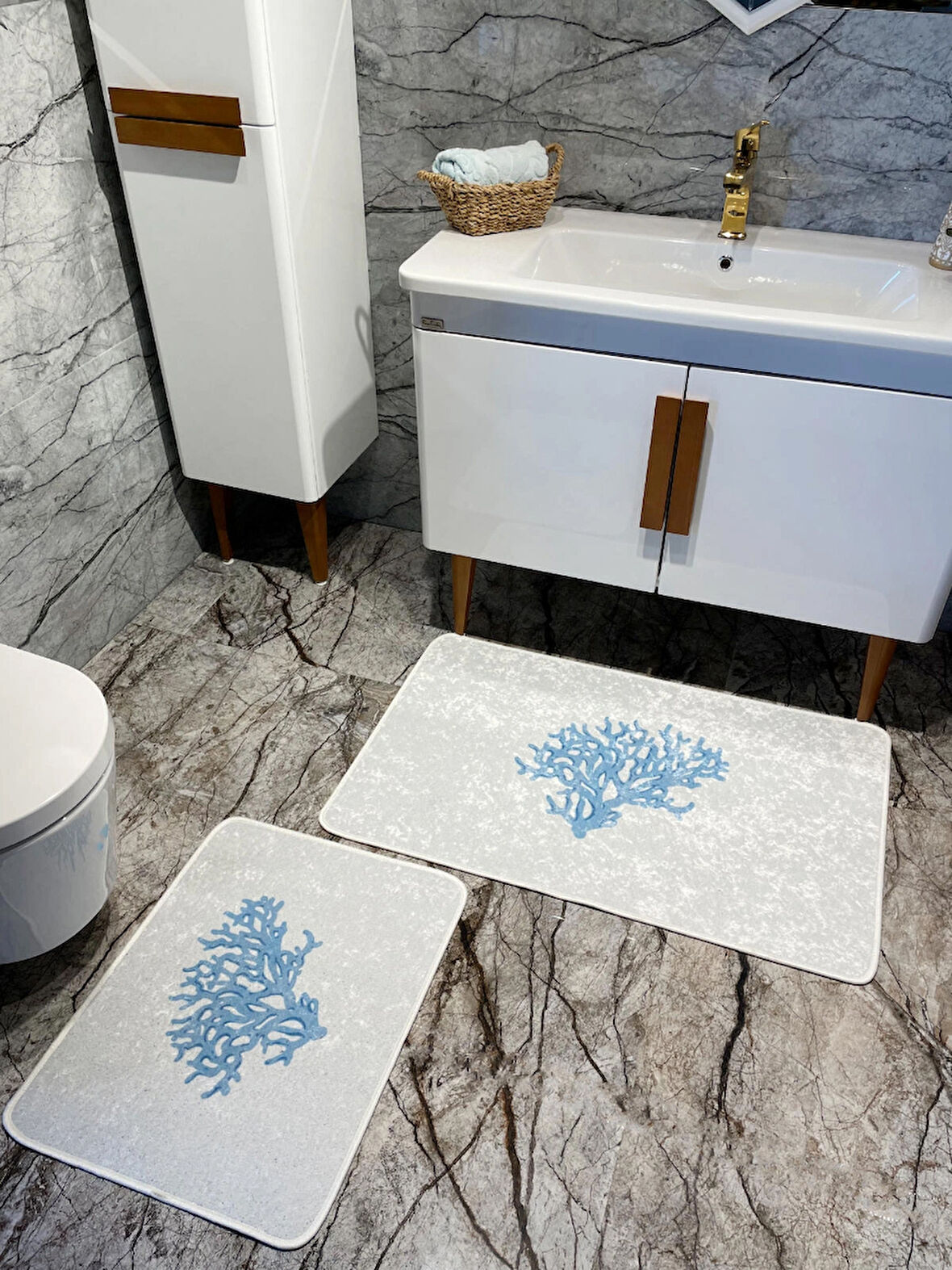 Mercan 2'li Lateks Kaymaz Taban Su Geçirmez Banyo Paspas Takımı (60x100 - 60x50) Gri-mavi
