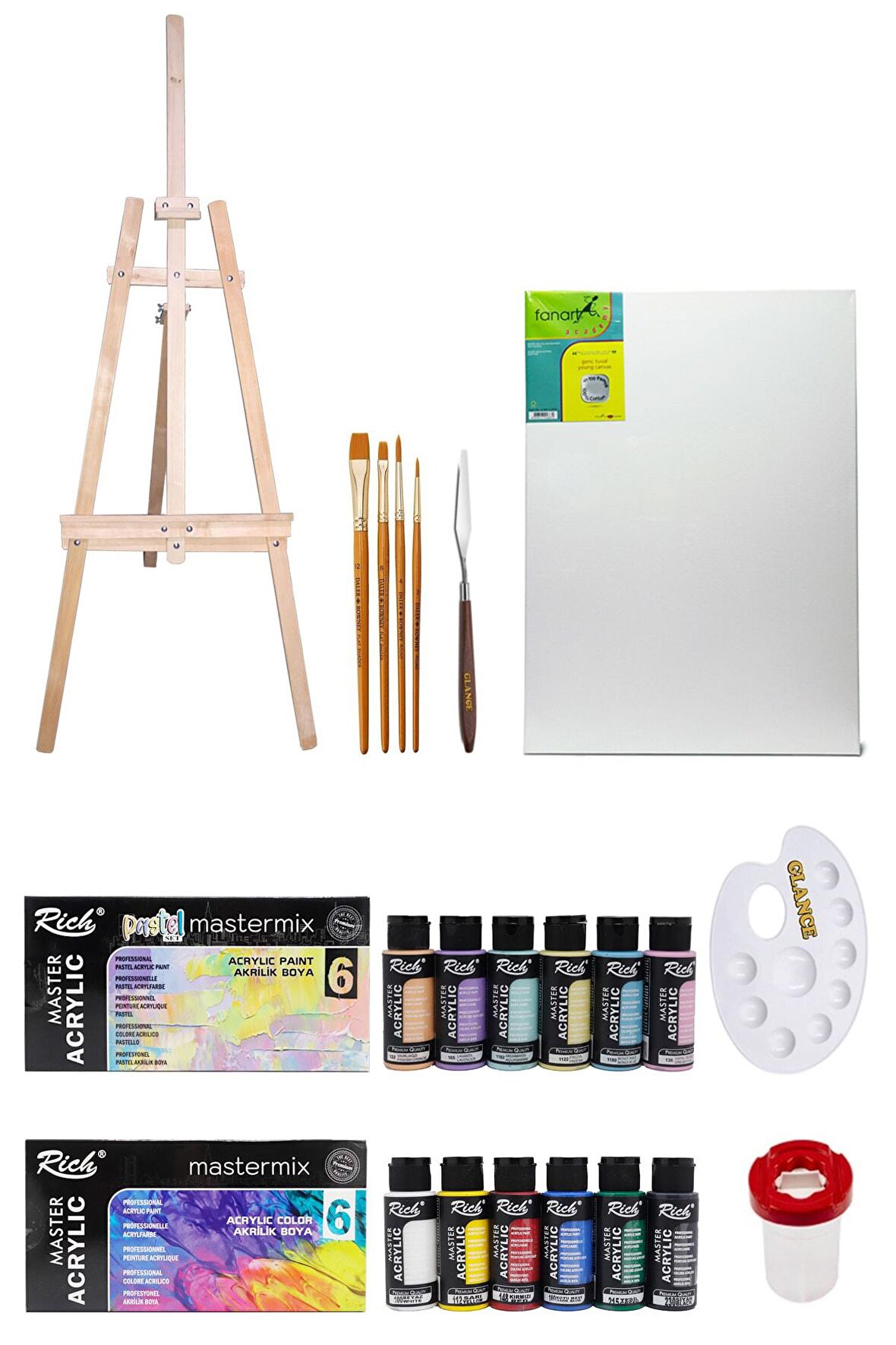 Fanart 35x50 Tuval 3 Ayaklı Şövale Daler Fırça Rich Master Mix 6 Pastel 6 Canlı Renkler Akrilik Set