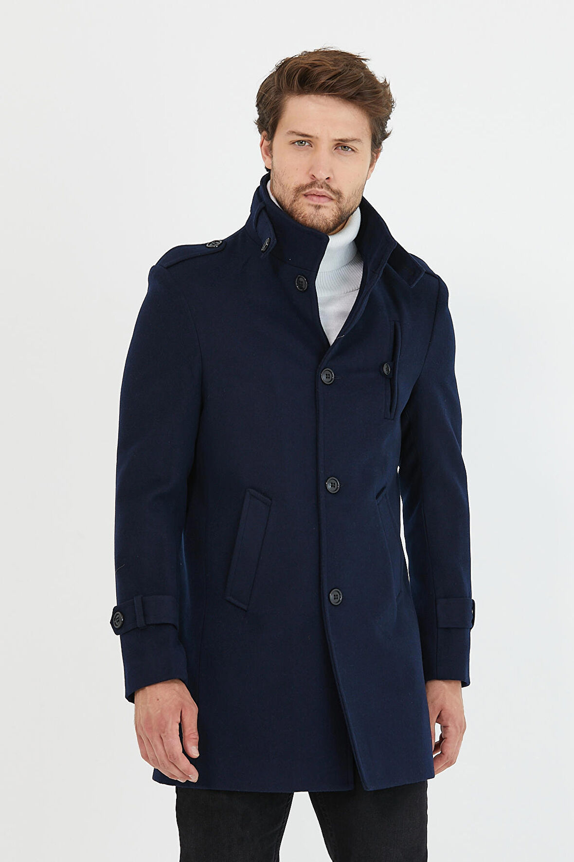 Mero Life Erkek Lacivert Dar Kesim Dik Yaka Uzun Yün Karışımlı Kaşe Kaban