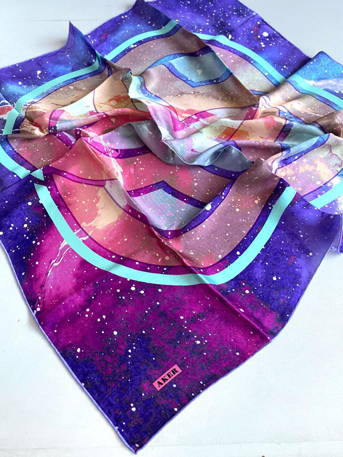 Aker Sura Saf İpek Eşarp 49608 Mor Karışık Desen