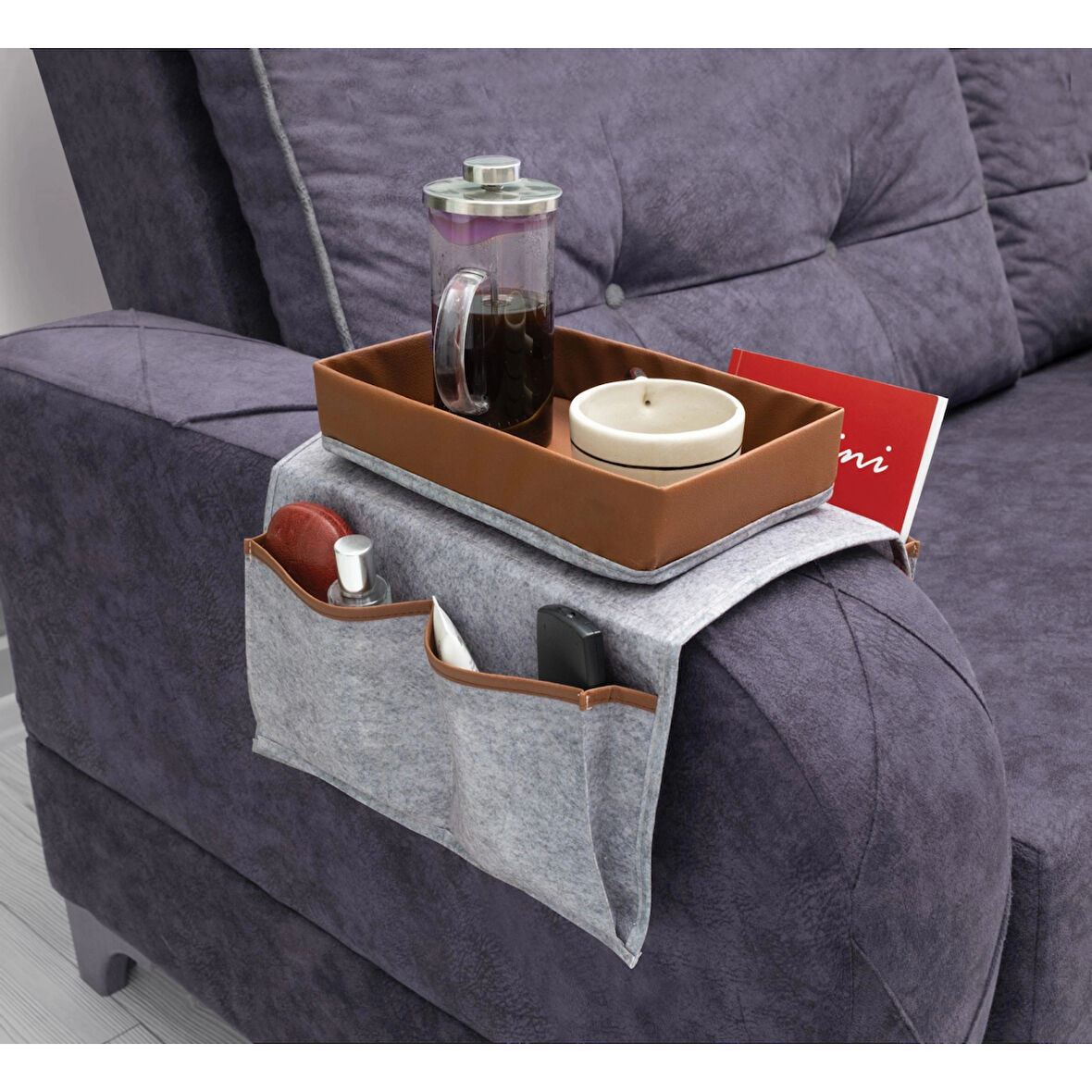 Çok Amaçlı Deri Şeritli Cepli Koltuk Kenarı Düzenleyici 03938