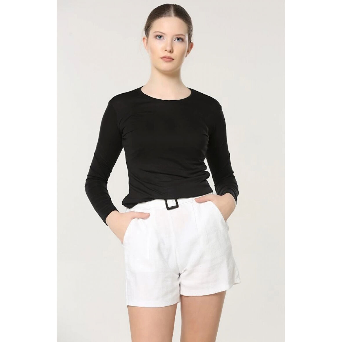 Rahat Ve Şık Uzun Kollu Bisiklet Yaka Likralı Viskon Penye Body Siyah