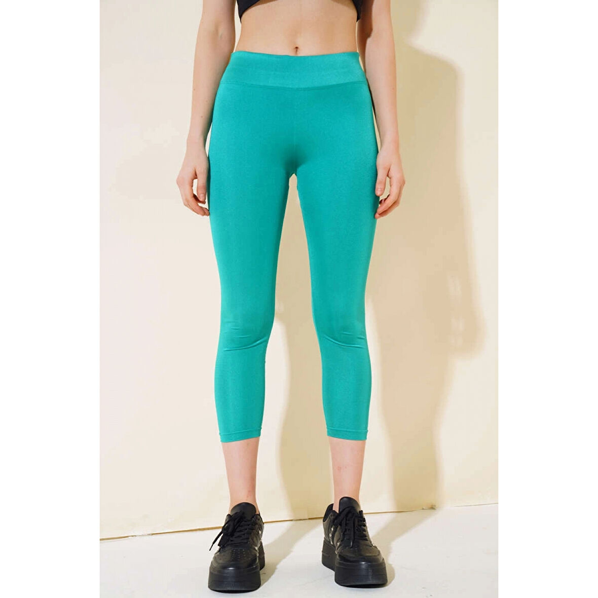 Esnek Yüksek Bel Yeşil Uzun Parlak Disco Tayt