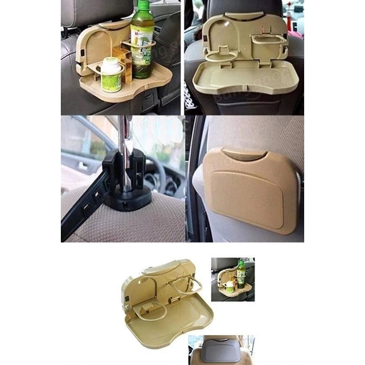 Araç İçi Koltuk Arkası Katlanabilir Bardak Tutuculu Bej Tepsi