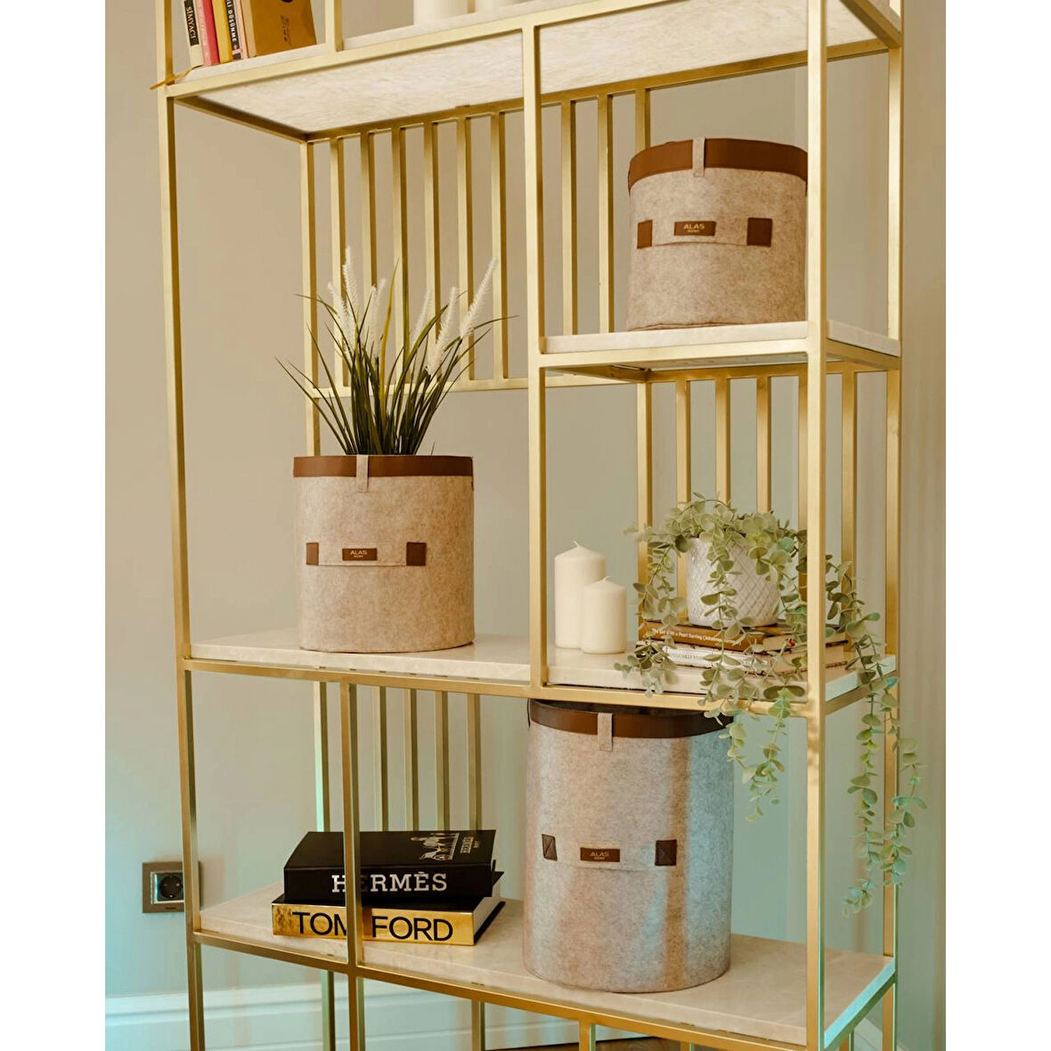 Deri Şeritli Yuvarlak Çok Amaçlı Düzenleyici Organizer Kutu Keçe Sepet (maxi) 03815