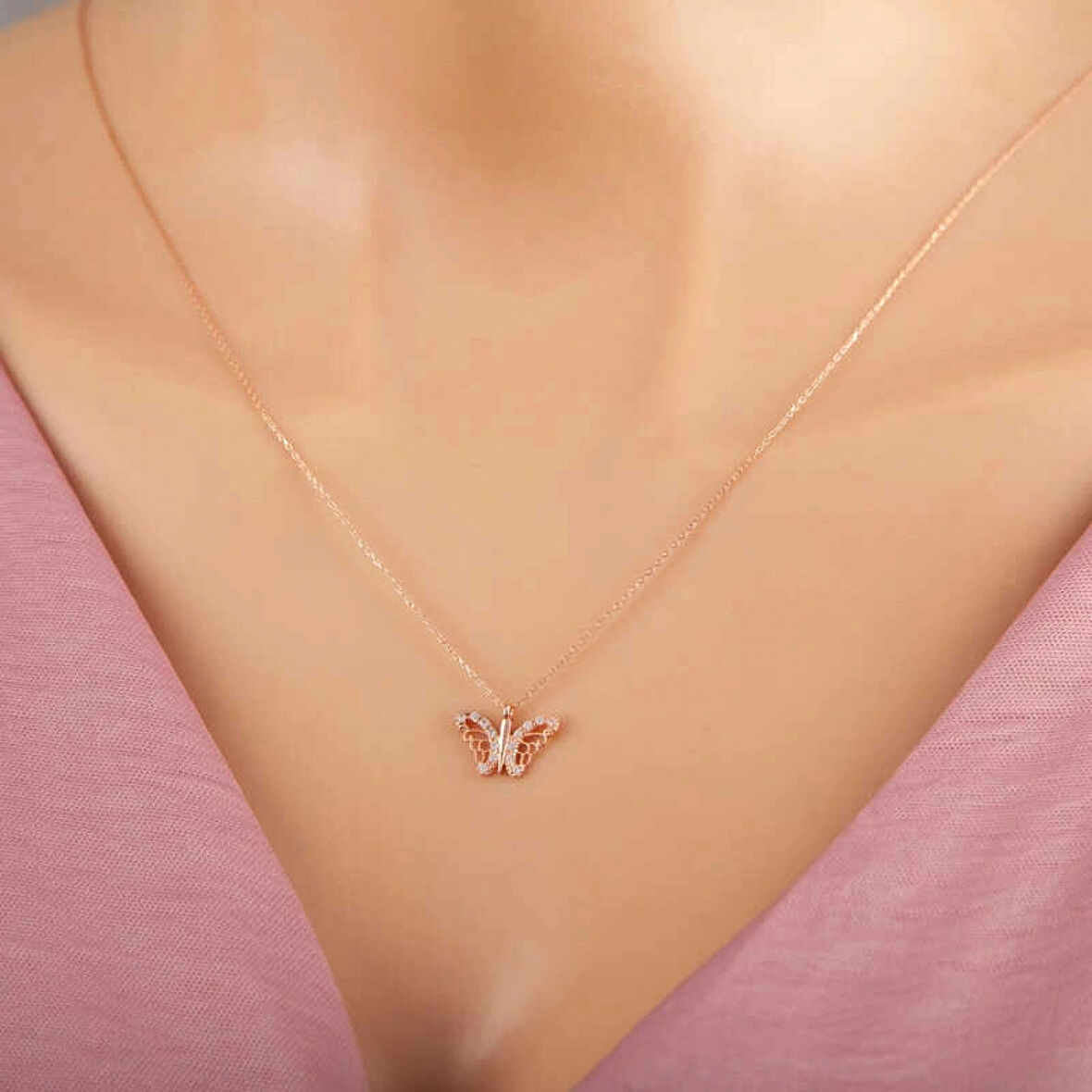 925 Ayar Gümüş Rose Kelebek Kadın Gümüş Kolye T7377 (599599)