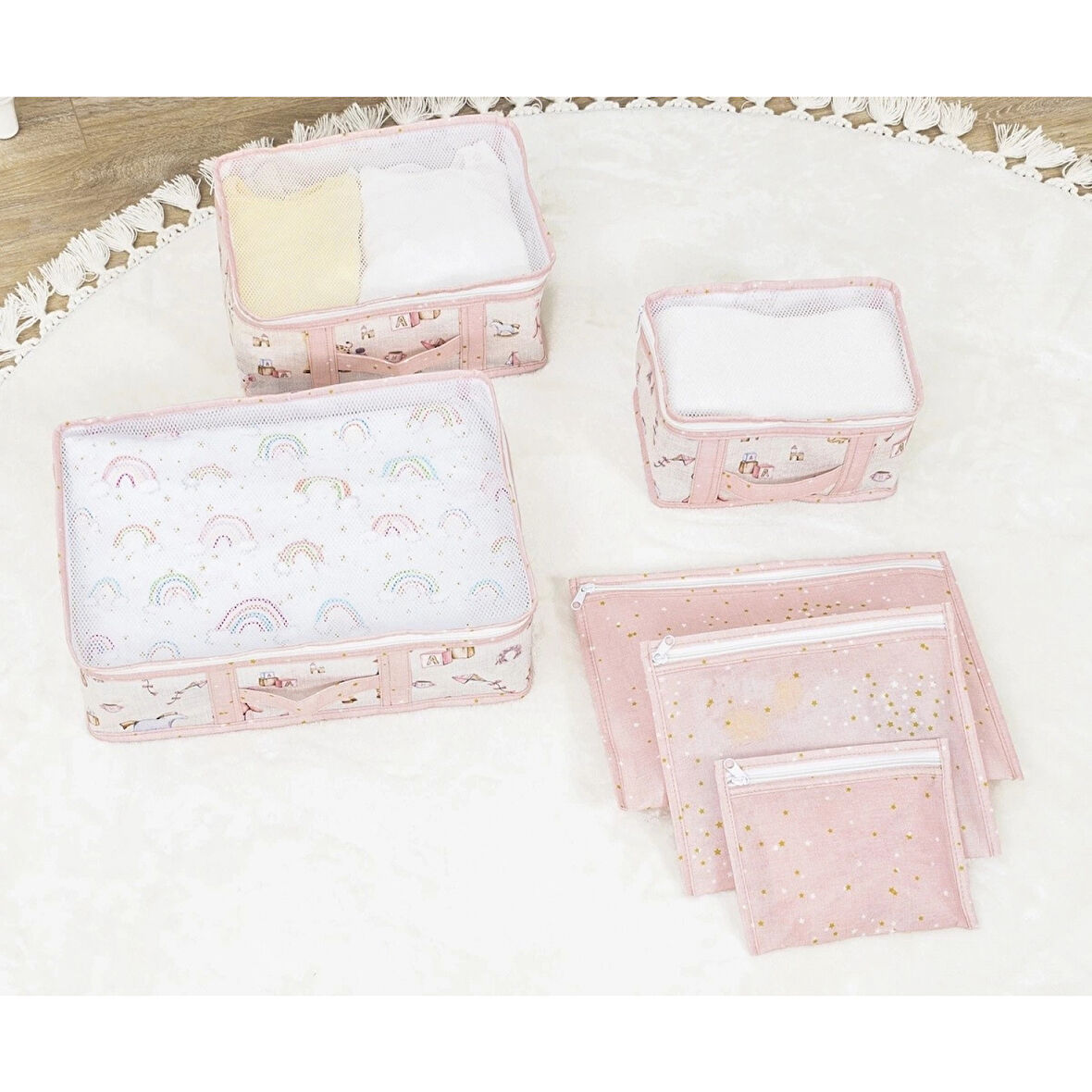 Baby 6'lı Desenli Fileli Bavul Valiz İçi Düzenleyici Çok Amaçlı Organizer (pembe)