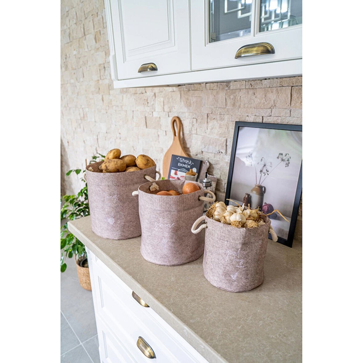 Kulplu Yuvarlak Düzenleyici Çok Amaçlı Kolay Taşınabilen Organizer Keçe Sepet (3'lü Set)