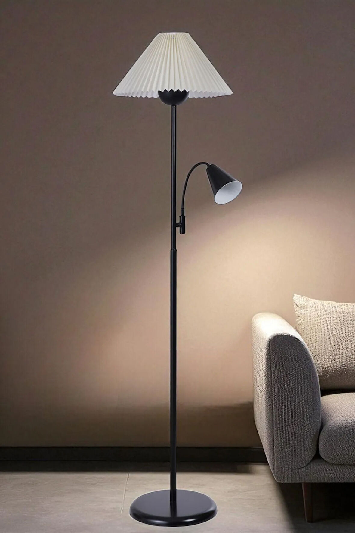 DEVİN SİYAH LAMBADER PİLELİ KREM ABAJURLU