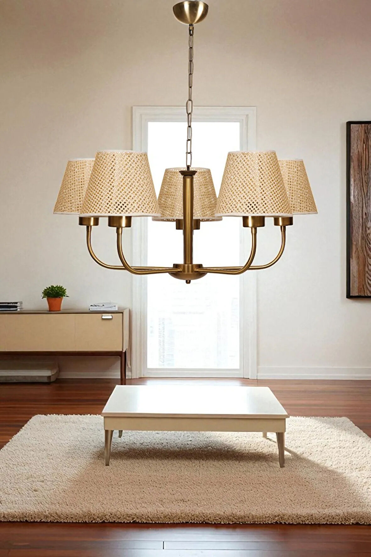 APOLLO 5 Lİ ESKİTME PETEK ABAJURLU AVİZE