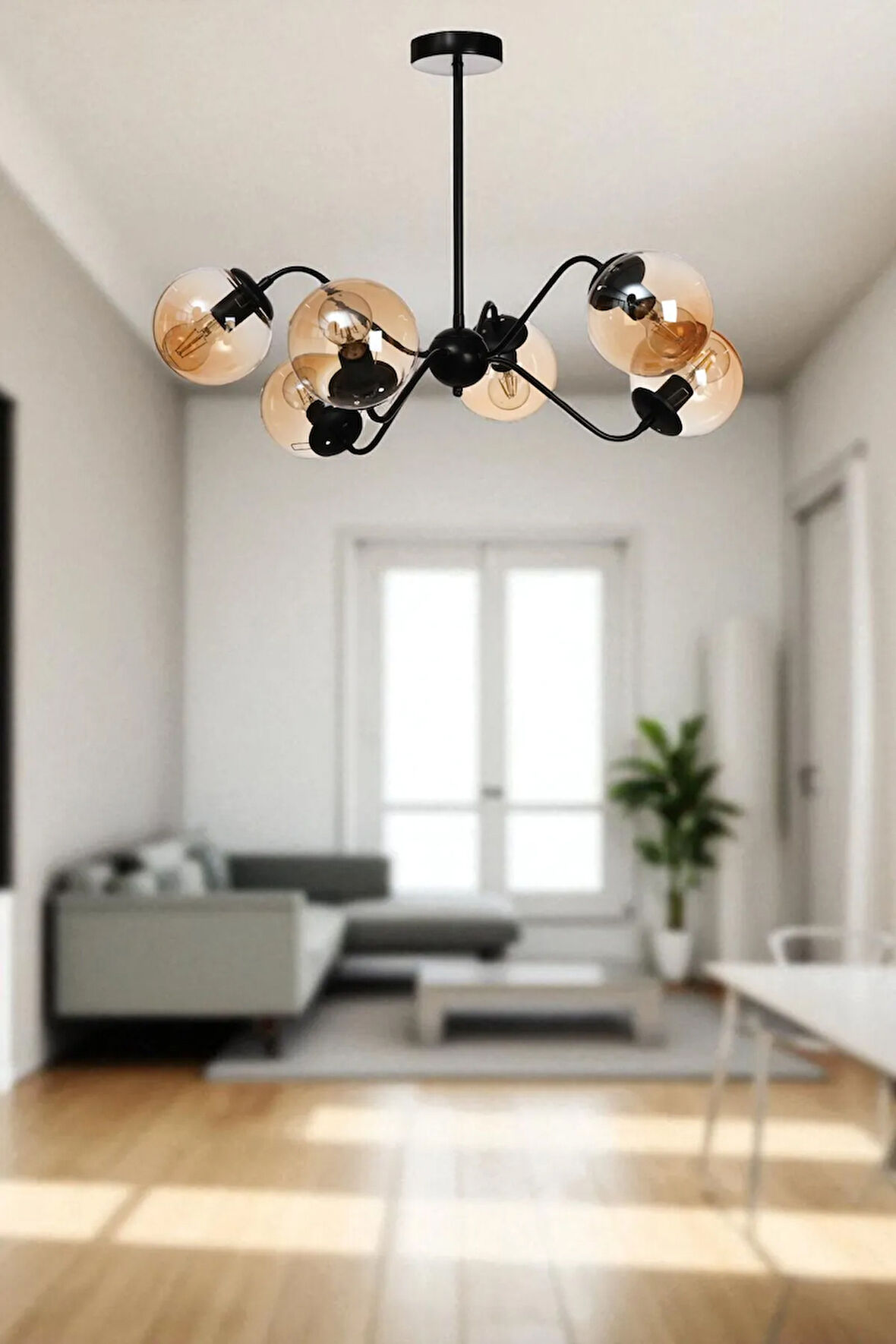 YENİ AHTAPOT 6 LI SİYAH BAL CAMLI AVİZE