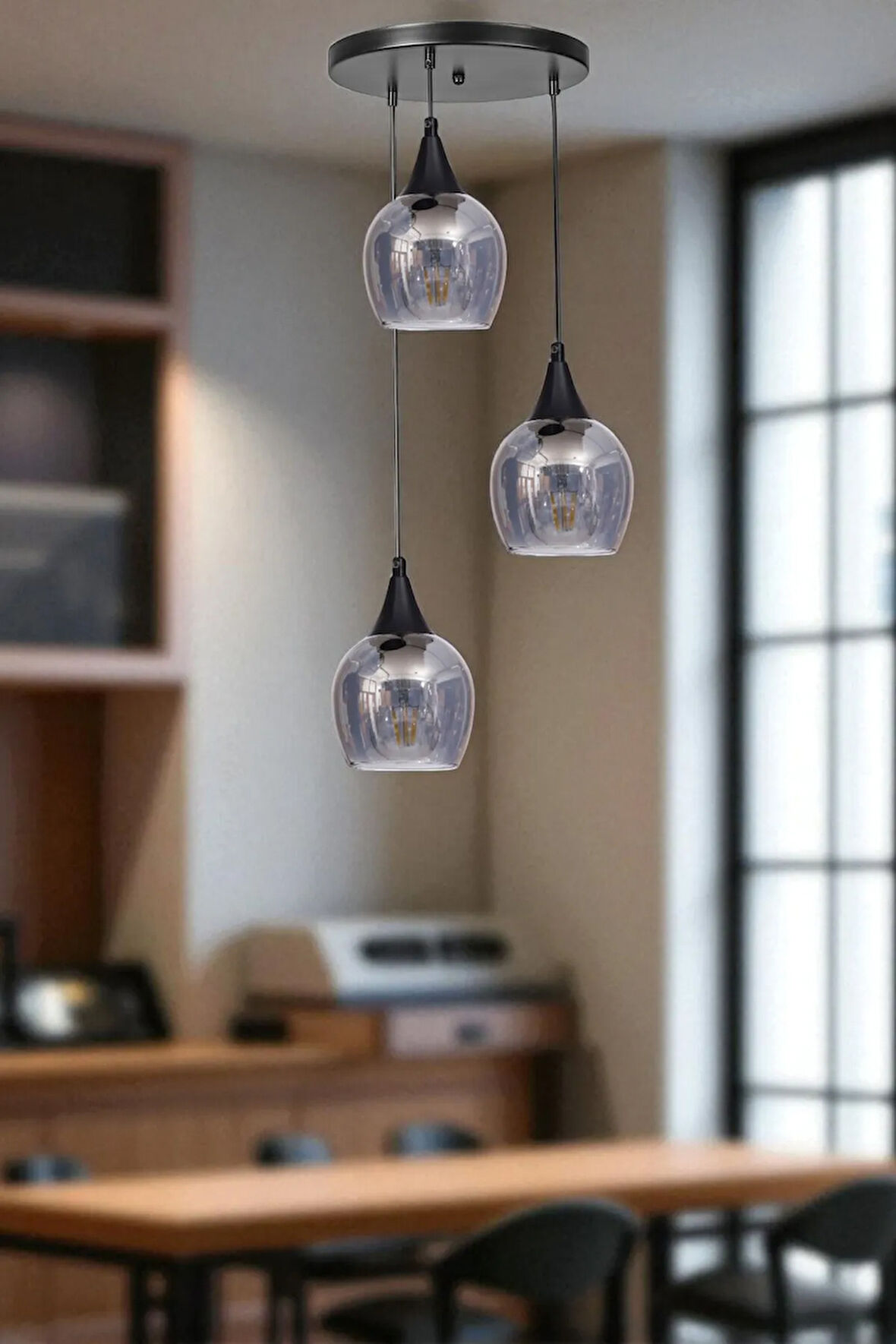 ENZO 3 LÜ TEPSİLİ SİYAH FÜME CAMLI SARKIT