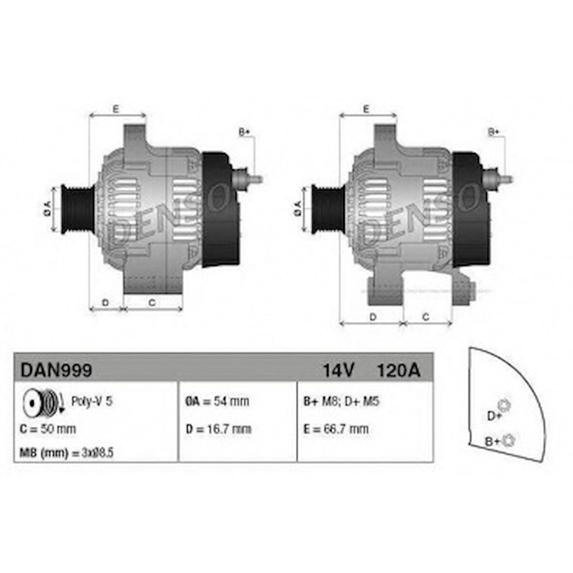 Fiat Alternator 14v 120a Fiat 500 Grande Punto Doblo III Alfa Mito 1,4 Start Stop - Denso Dan999