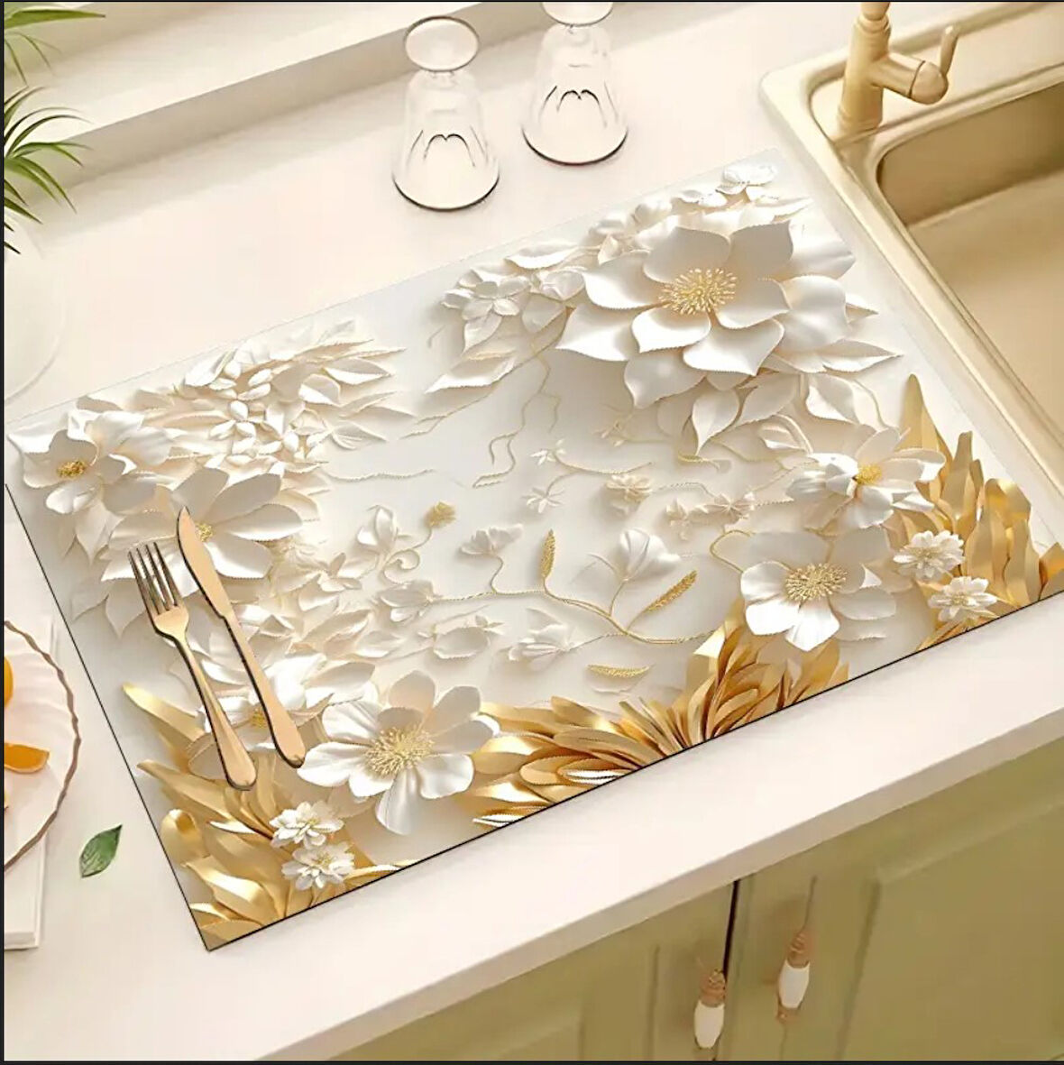55 CM x 45 CM BEYAZ ÇİÇEK DESENLİ TEZGAH ÜSTÜ BULAŞIK KURUTMA MATI BULAŞIKLIK KURUTMA ÖRTÜSÜ