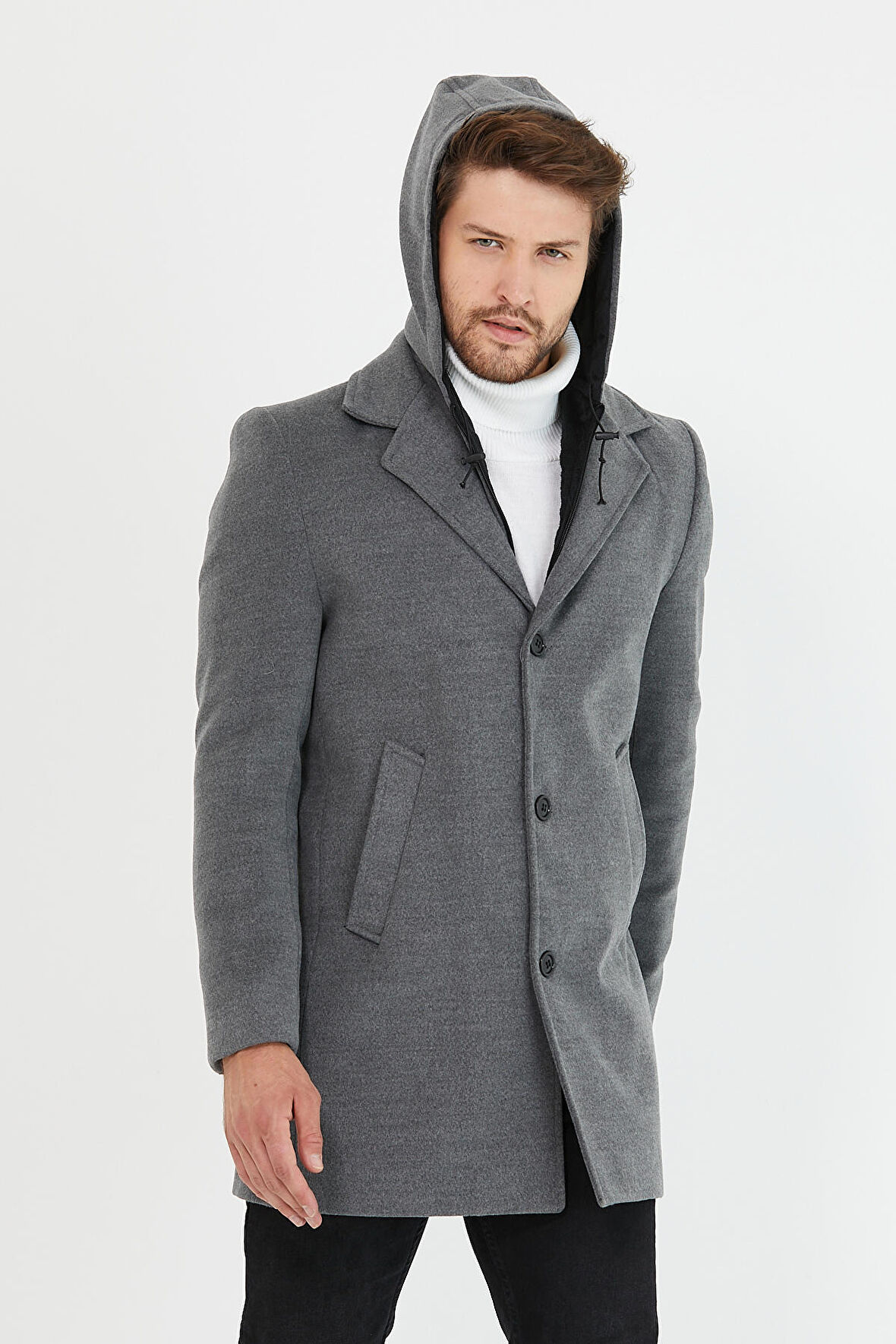 Mero Life Erkek Gri Yün Karışımlı Kaşe Kapüşonlu Önü Fermuarlı Ve Düğmeli Uzun Kaban