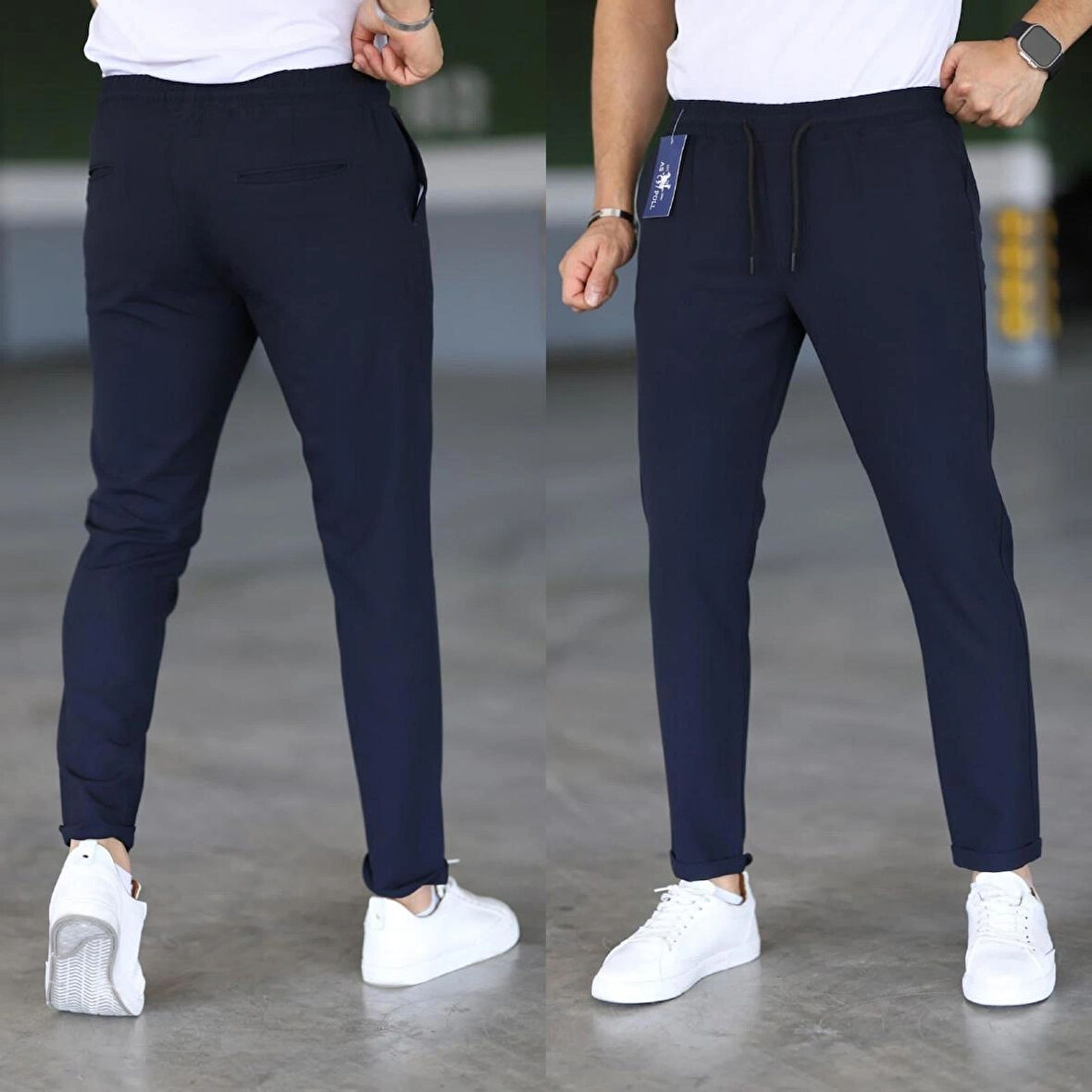 Erkek Lacivert Slim Fit Rahat Kesim Beli Bağlamalı Yan Cepli Likralı Jogger Pantolon