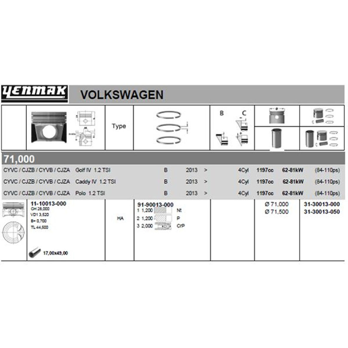 Vag Piston Segman Std 71.01 MM A3 İbiza Leon Toledo Fabıa Octavıa Rapıd Beetle Golf VII Polo Touran 1.2t - Yenmak 31-30013-000