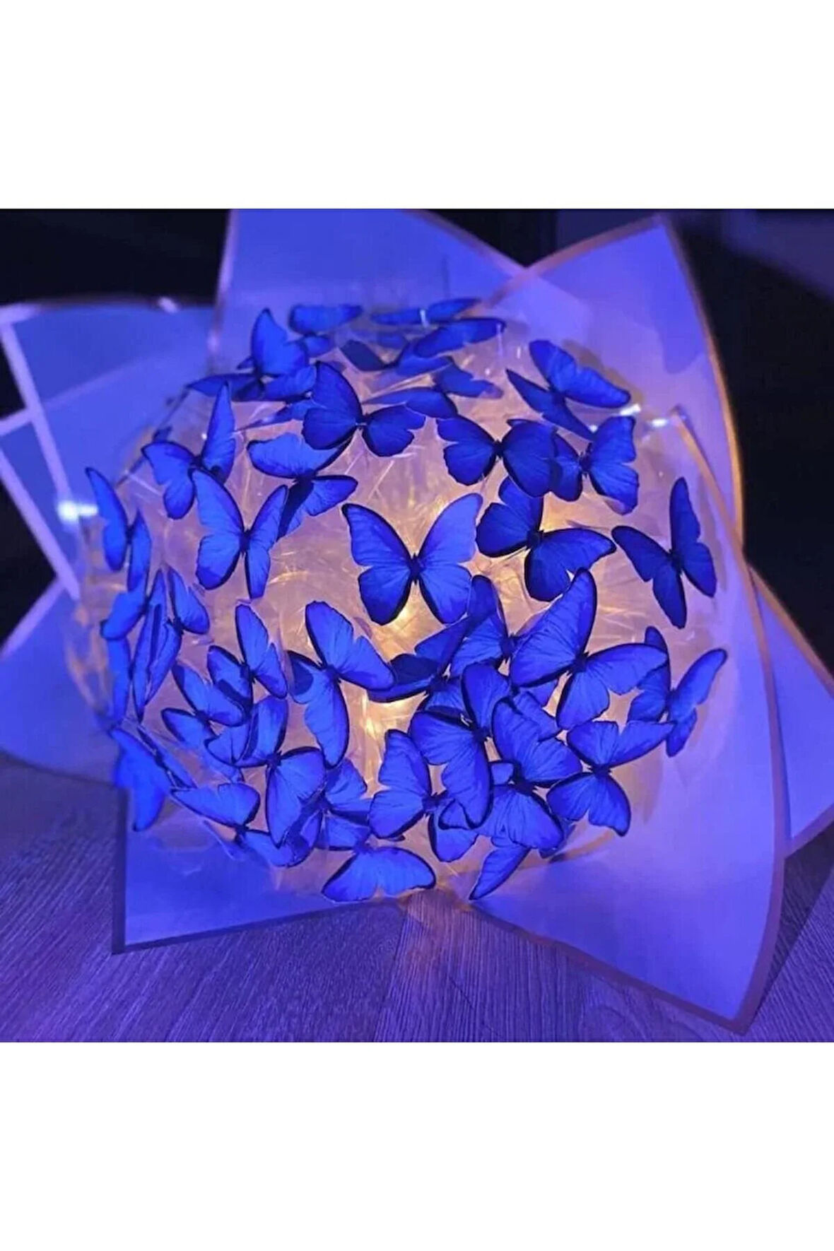 Kelebek buketi, led ışıklı kelebek buket, solmayan çiçek buket kelebek, orta boy (mavi)