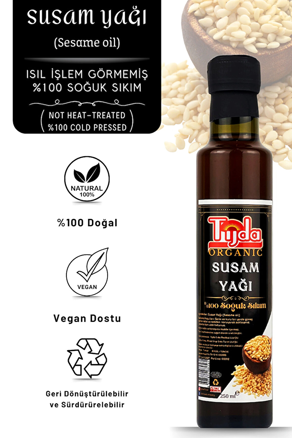 Susam Yağı Organik İçilebilir Masaj Saç Cilt İçin( %100 Soğuk Sıkım ) 250 ml