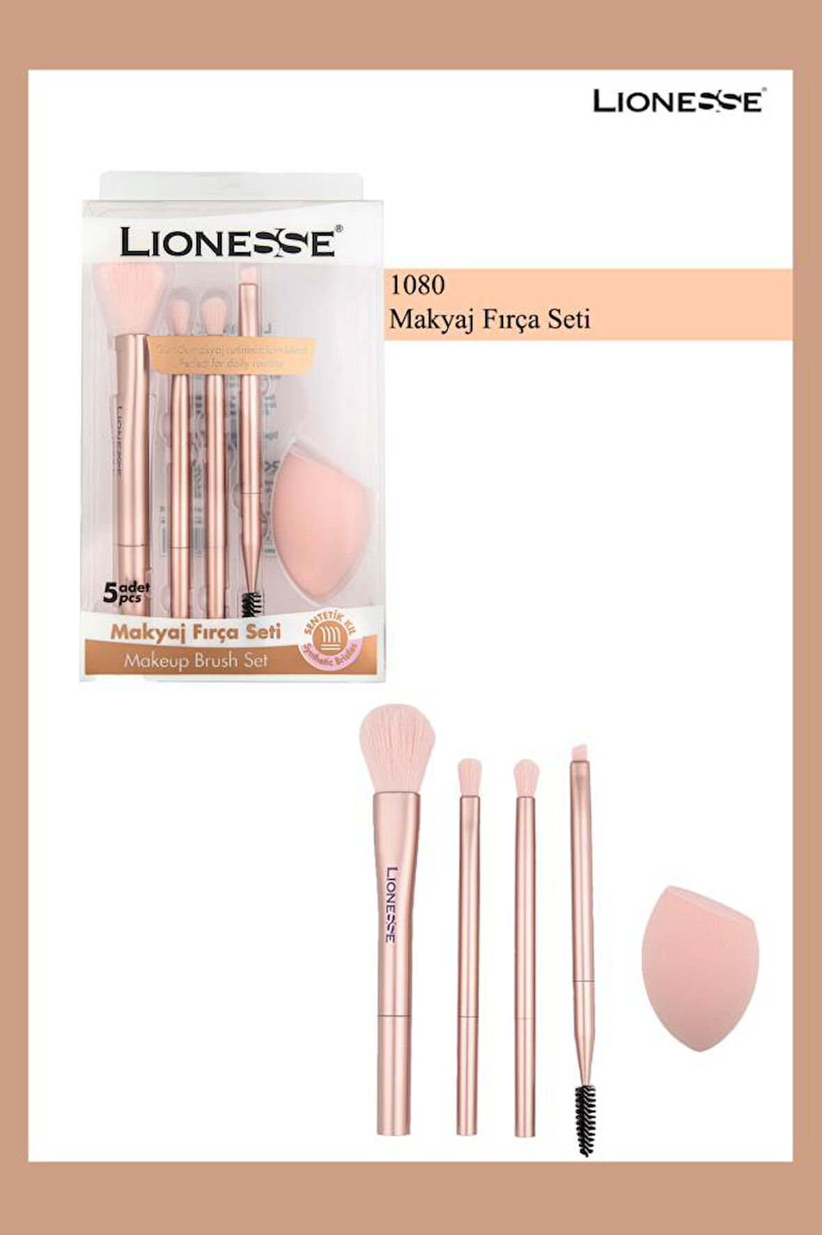 5’li Günlük Makyaj Fırça Seti + Yumuşak Makyaj Süngeri 1080- Islak &Kuru Kullanıma Uygun (Sünger)
