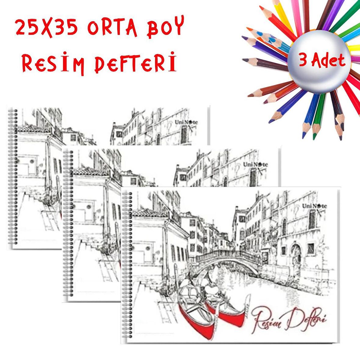 Gen-Of 25x35 Spiralli Karton Kapak 15 Yaprak Resim Defteri 3 Adet